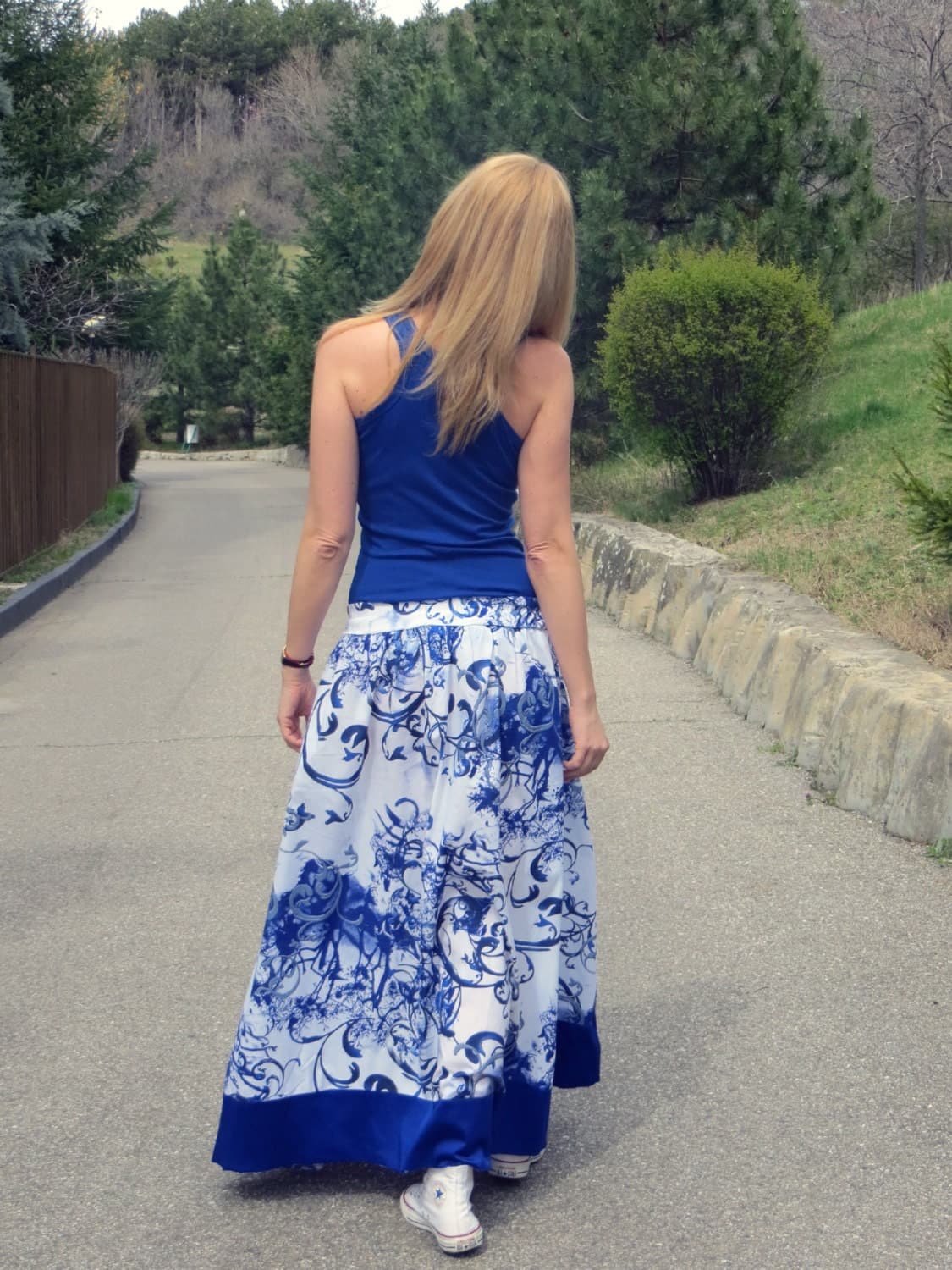 Gorgeous Maxi Skirt/ Royal blue/ Loose Fitted Cotton Skirt/ Oversize skirt/ Floral Skirt/ Casual Maxi Skirt/ Elegant skirt/ Plus size skirt - image 4