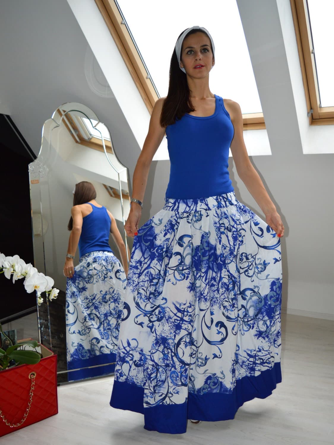 Gorgeous Maxi Skirt/ Royal blue/ Loose Fitted Cotton Skirt/ Oversize skirt/ Floral Skirt/ Casual Maxi Skirt/ Elegant skirt/ Plus size skirt - image 5