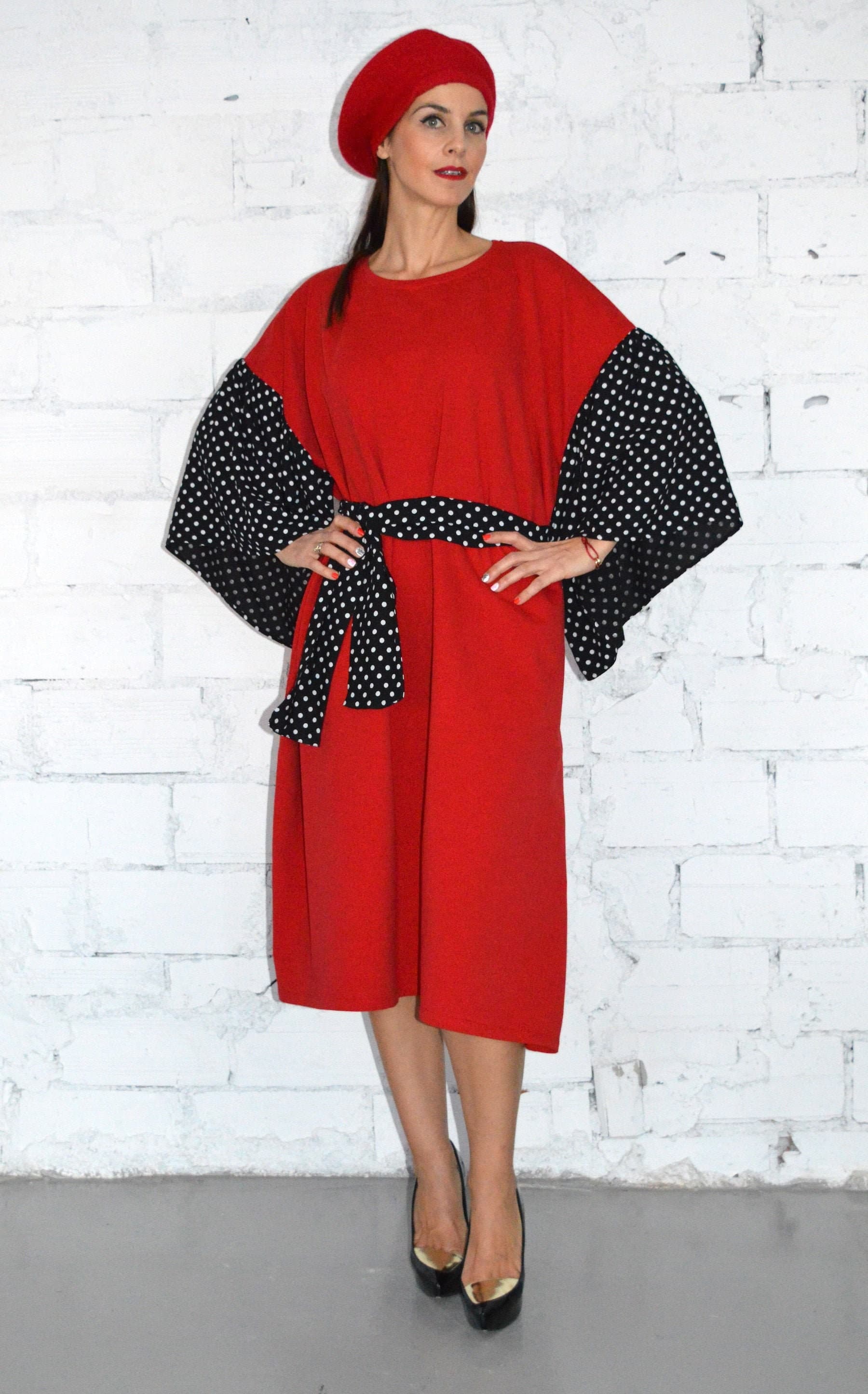 Women Red Dress, Plus Size Dress, Butterfly Sleeve, Casual Loose Dress, Maxi Dresses, Polka Dot Dress