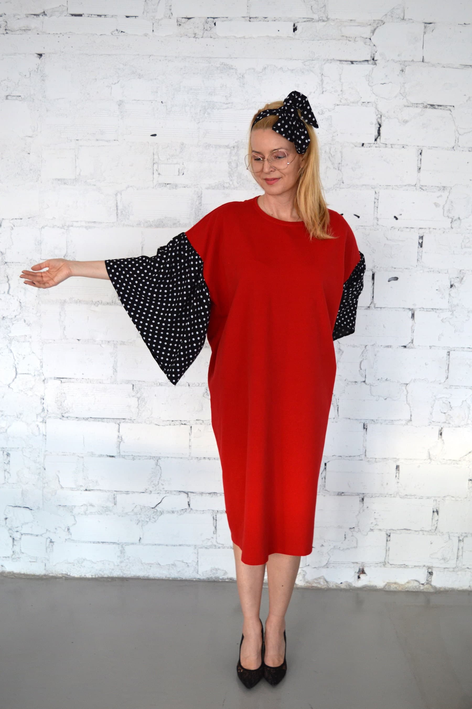 Women Red Dress, Plus Size Dress, Butterfly Sleeve, Casual Loose Dress, Maxi Dresses, Polka Dot Dress - image 4