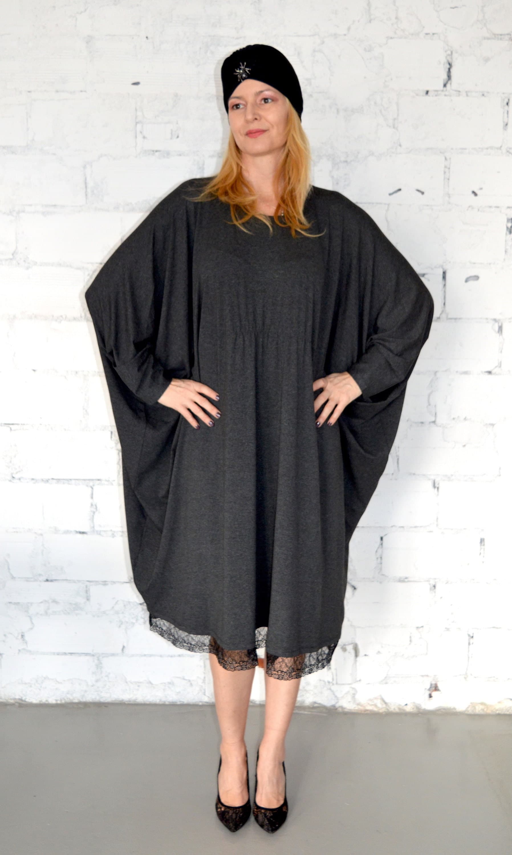 Women Midi Dress, Caftan Dress with Lace, Grey Kaftan, Abaya Dress, Maxi Dress, Plus Size Dress, Long Dress, Casual Oversized Dress