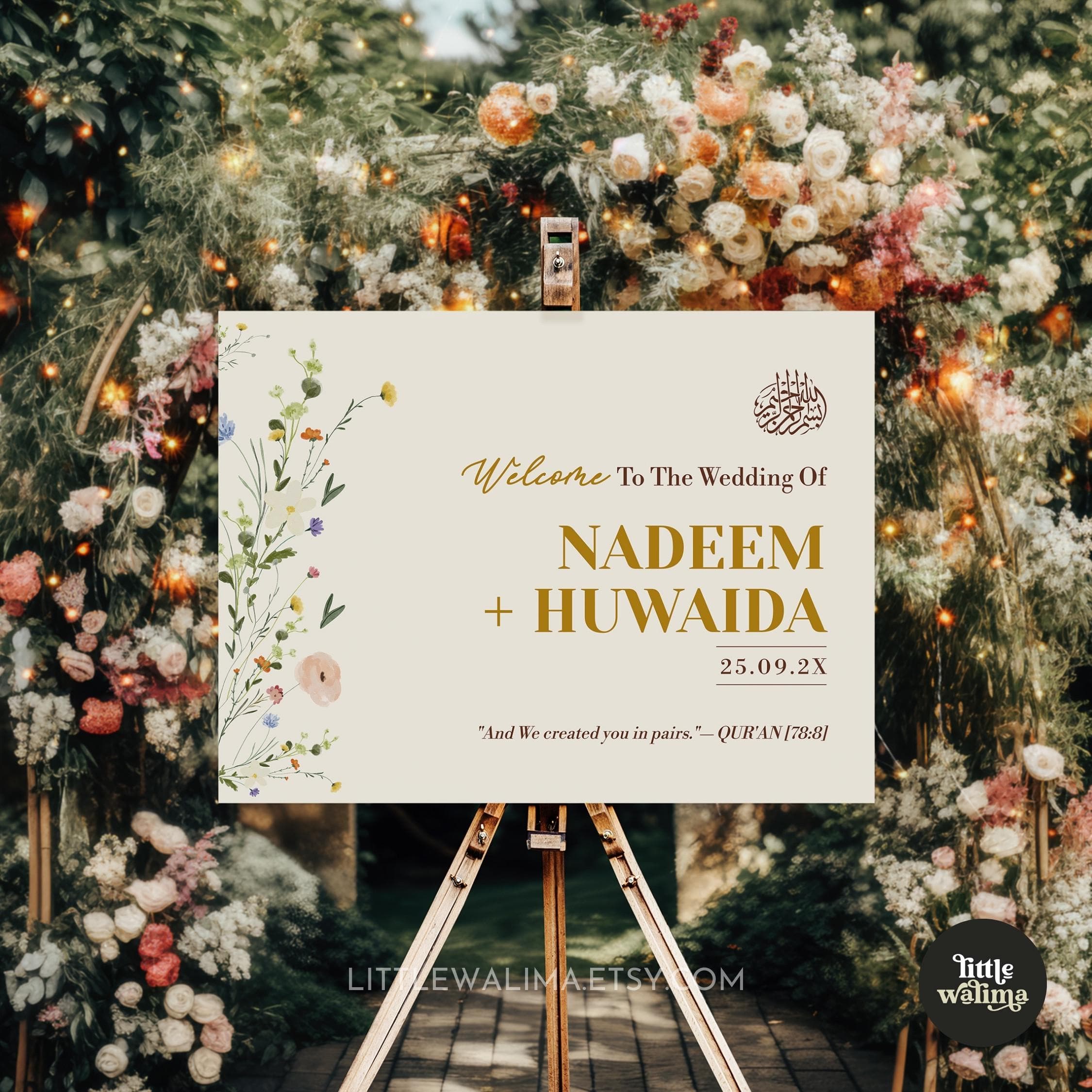 Islamic Welcome Sign with Bismillah & Quran Quote. This horizontal wedding sign for Muslim wedding features a timeless Quran verse from Surah An-Naba (78:8), "And We created you in pairs." with wildflowers in gold on beige minimalist background.