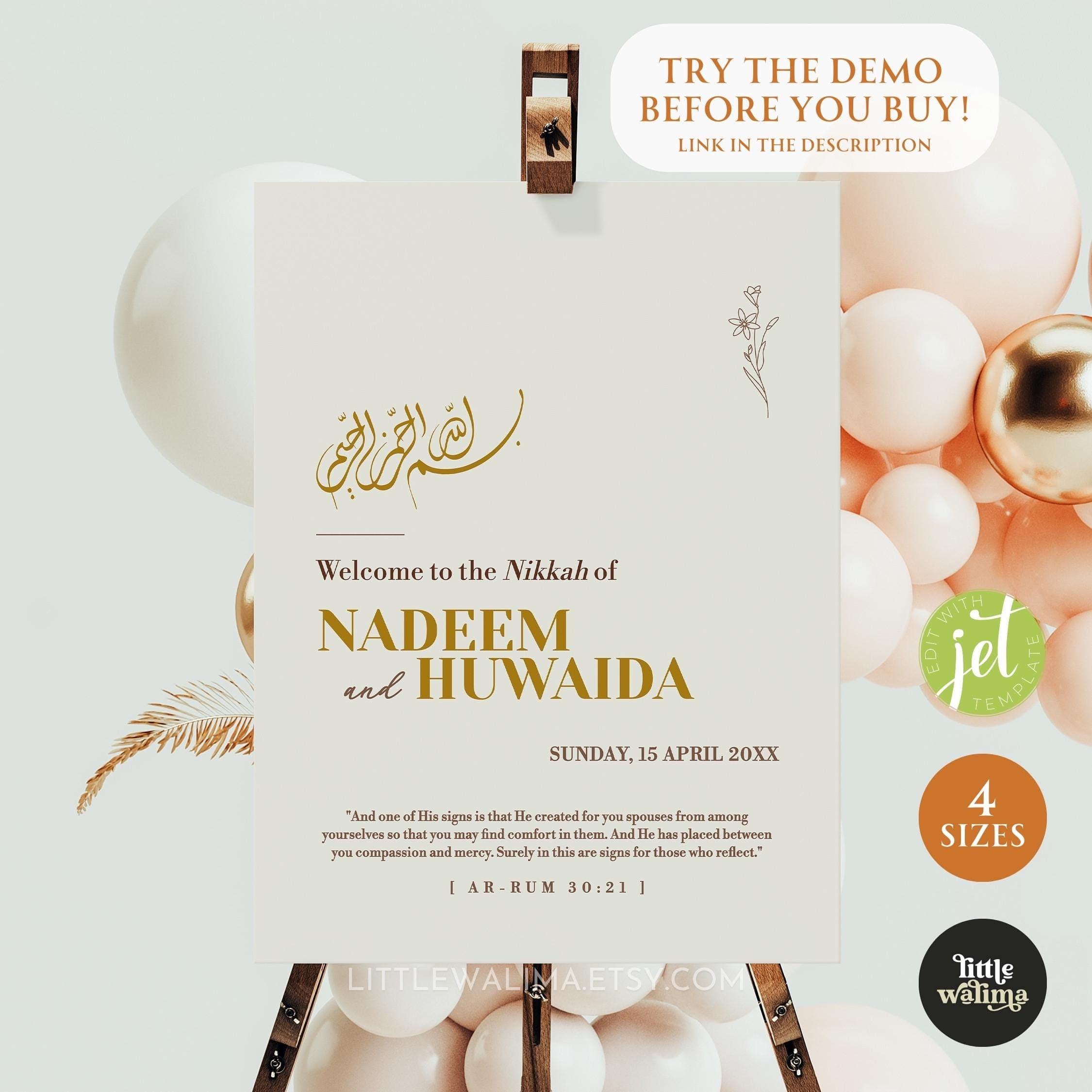 Modern Islamic Wedding Welcome Sign Template Quran Verse, Printable Wedding Signage, Muslim Walima Nikkah Ceremony #22-0