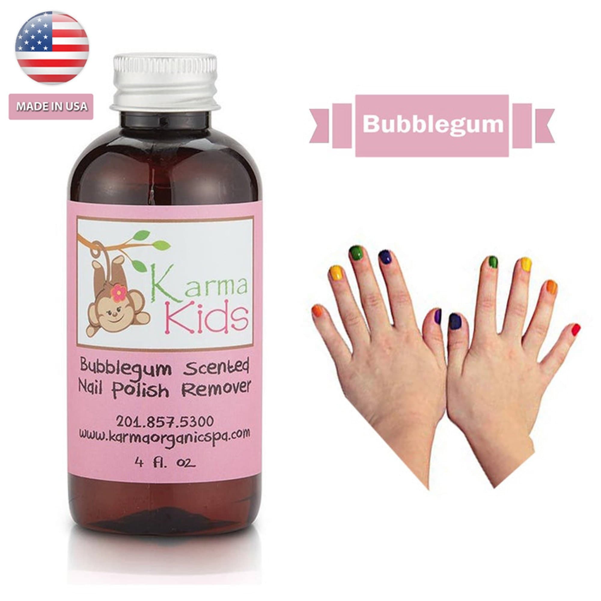 Karma Organic's Natural Kids Nail Polish Remover Bubblegum Scented Non Toxic Vegan, Cruelty Free Your Love choice Nails Strengthener 4 flOz.