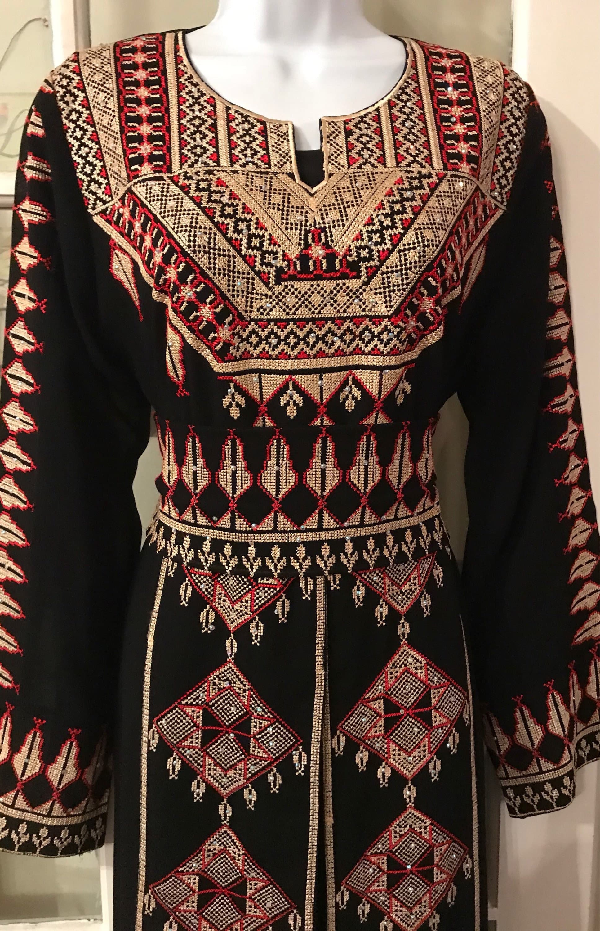 2 Piece Black Dress/ Abaya/ Kaftan/ Thobe and matching belt with beautiful gold and red embroidery