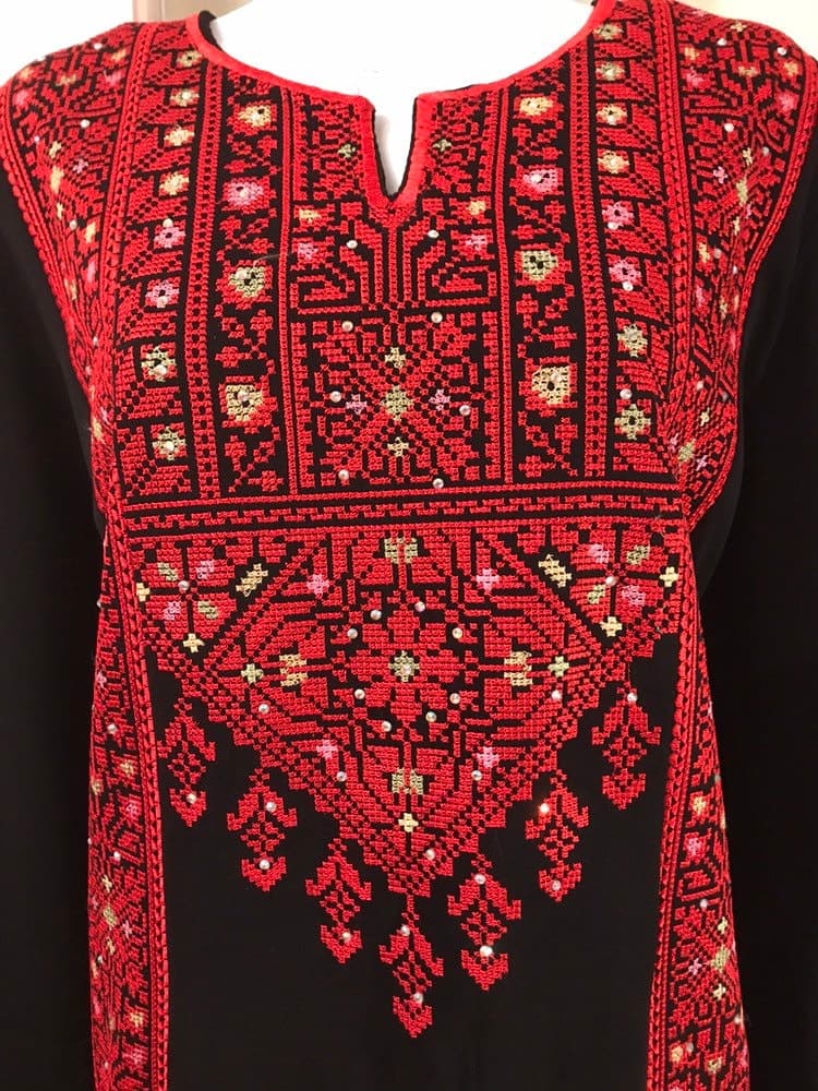 Black dress / Tobe / Thobe / Kaftan with Red and colourful Palestinian embroidery