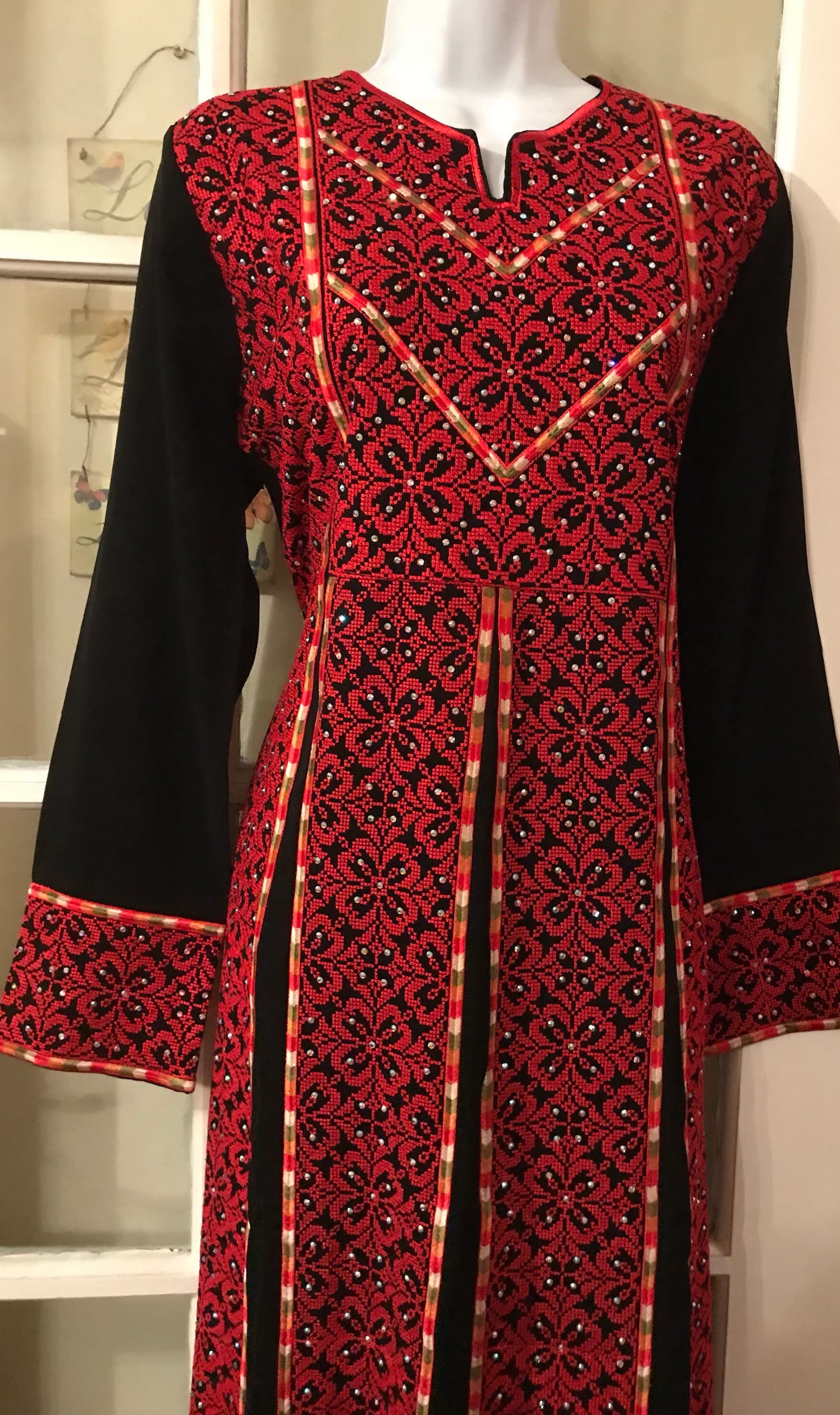 Black Dress /Thobe /Abayah / Kaftan with beautiful red & colourful Palestinian Embroidery /Cross Stitch - image 4