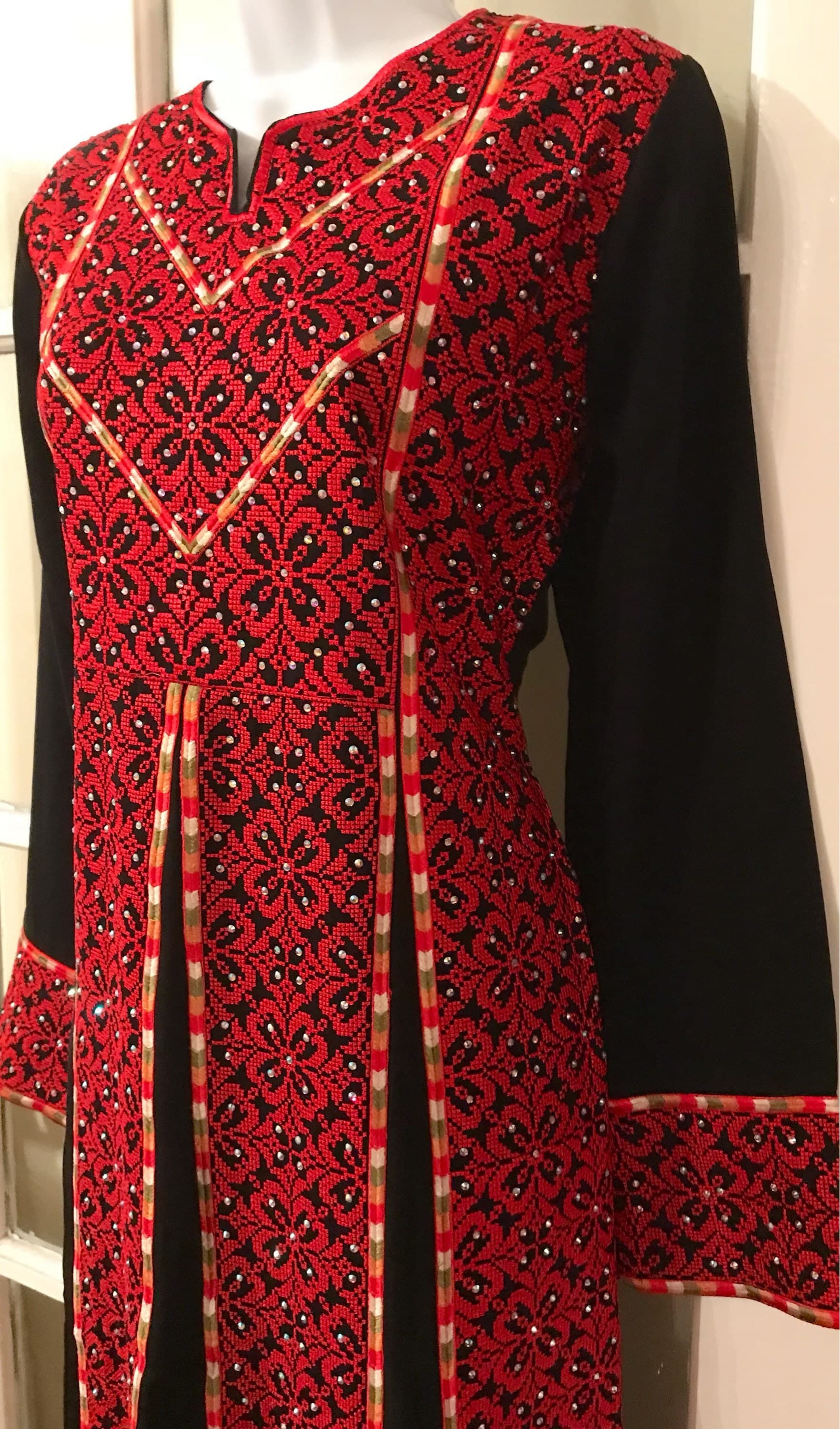 Black Dress /Thobe /Abayah / Kaftan with beautiful red & colourful Palestinian Embroidery /Cross Stitch - image 3
