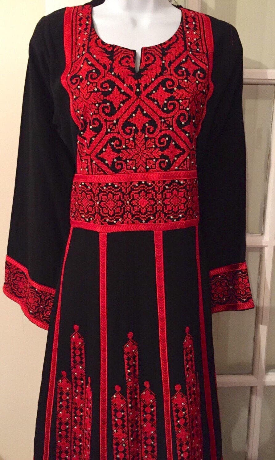 Stunning Royal Black dress / Kaftan / Thob / Thobe/ Tobe with Red  Palestinian Cross Stitch / Embroidery