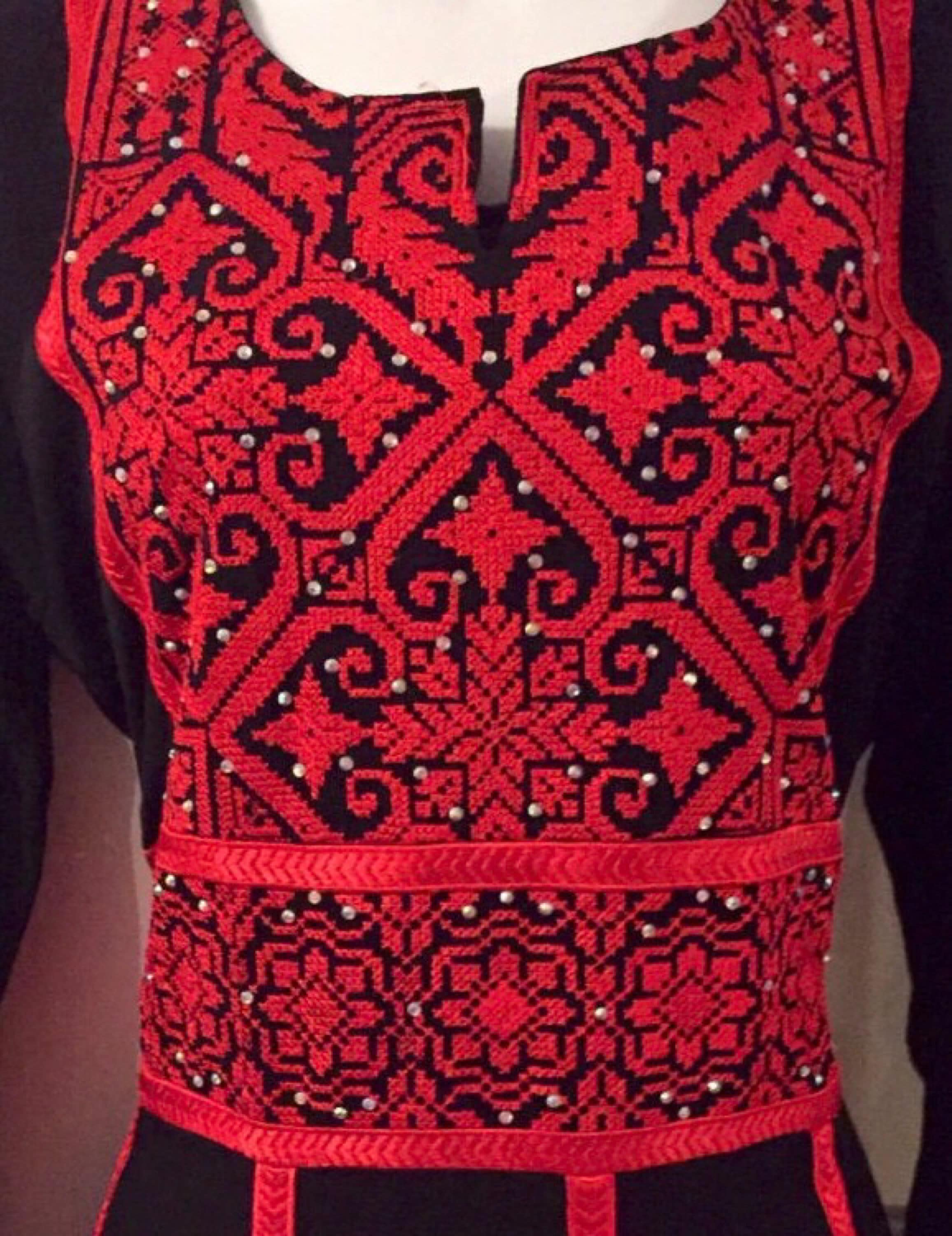 Stunning Royal Black dress / Kaftan / Thob / Thobe/ Tobe with Red Palestinian Cross Stitch / Embroidery - image 3