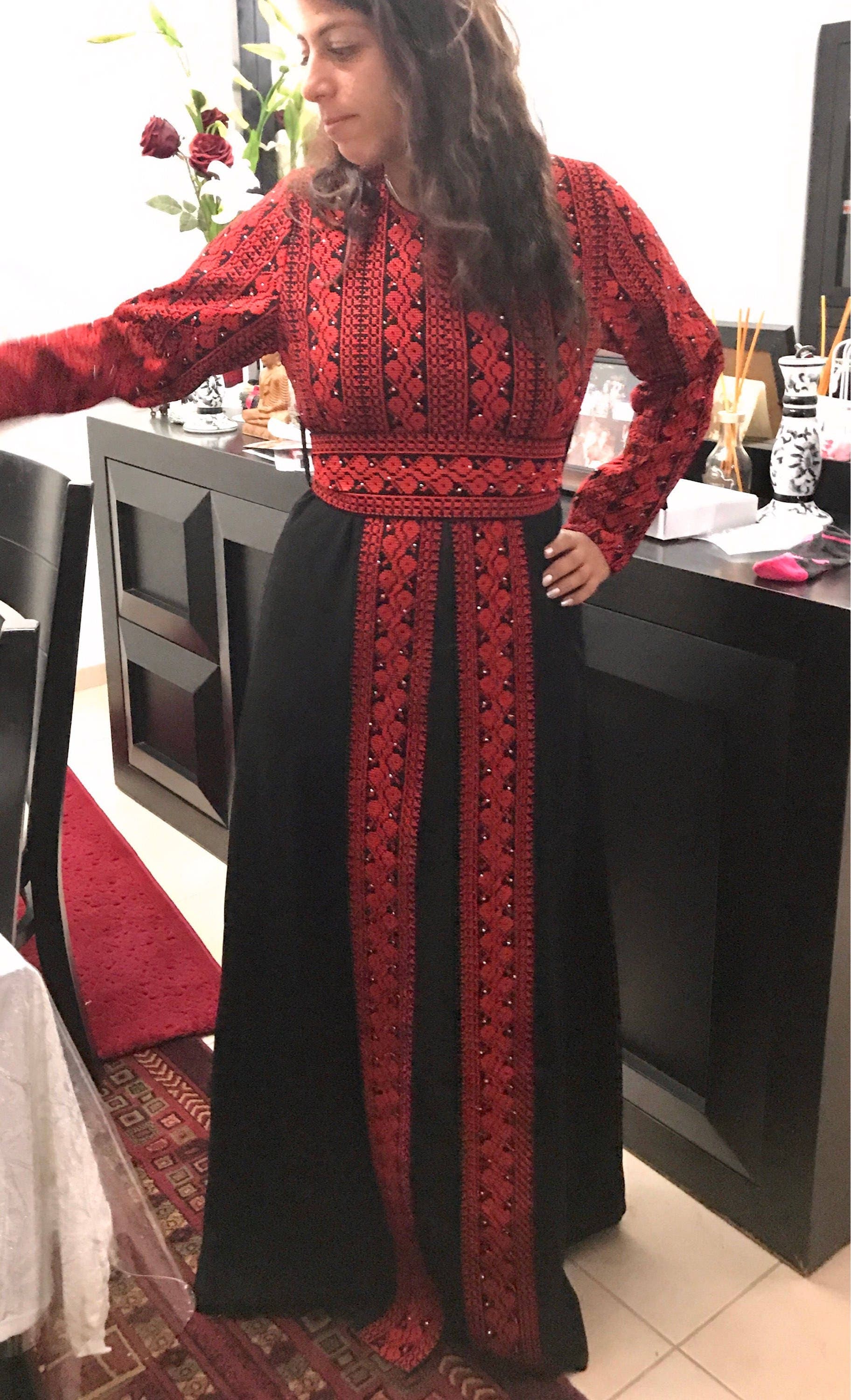Stunning black dress / abbaya / kaftan/ thobe with red Palestinian embroidery / cross stitch - image 4