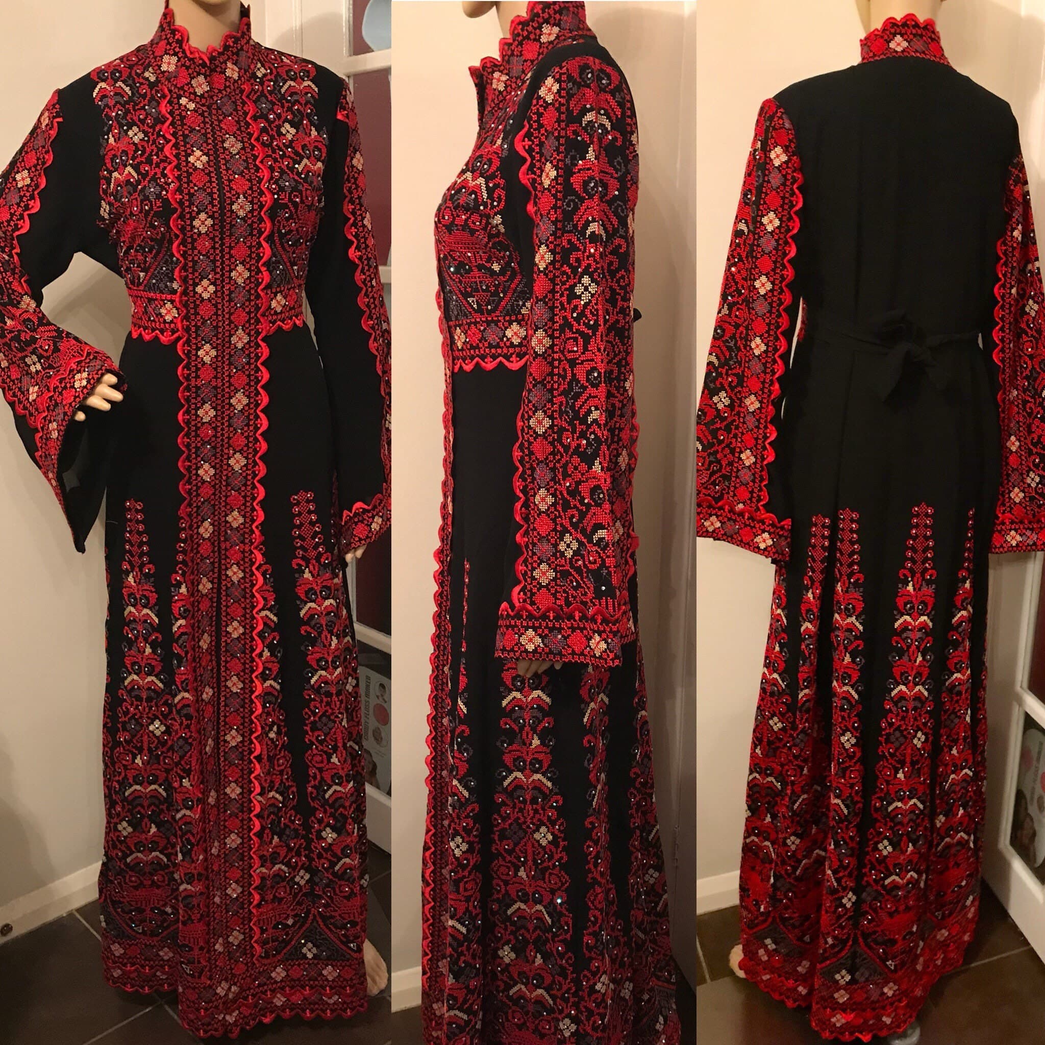 2 Piece Black Dress/ Abaya/ Kaftan/ Thobe and matching belt with beautiful colourful and red embroidery