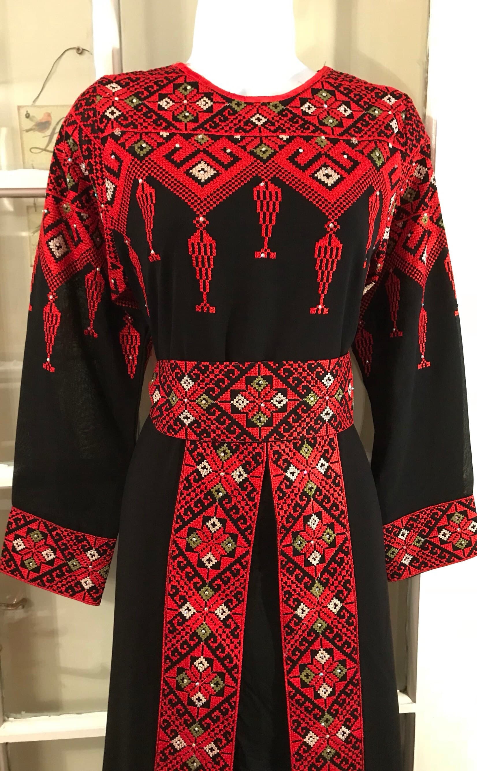 2 Piece Black Dress/ Abaya/ Kaftan/ Thobe and matching belt with beautiful red and colourful embroidery