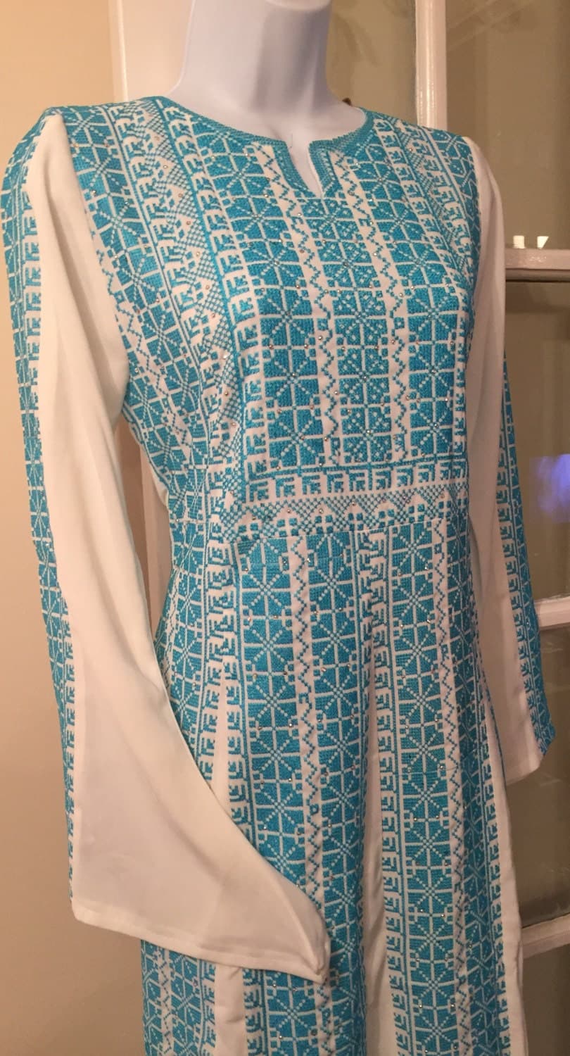 Stunning white dress / thobe / Abbaya / Kaftan with light blue plaestinian embroidery - image 3