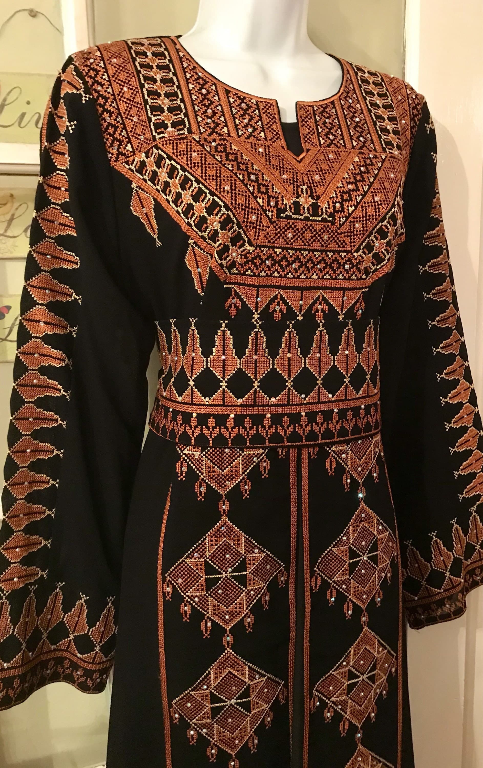 2 Piece Black Dress/ Abaya/ Kaftan/ Thobe and matching belt with beautiful light brown / pink brown embroidery - image 3