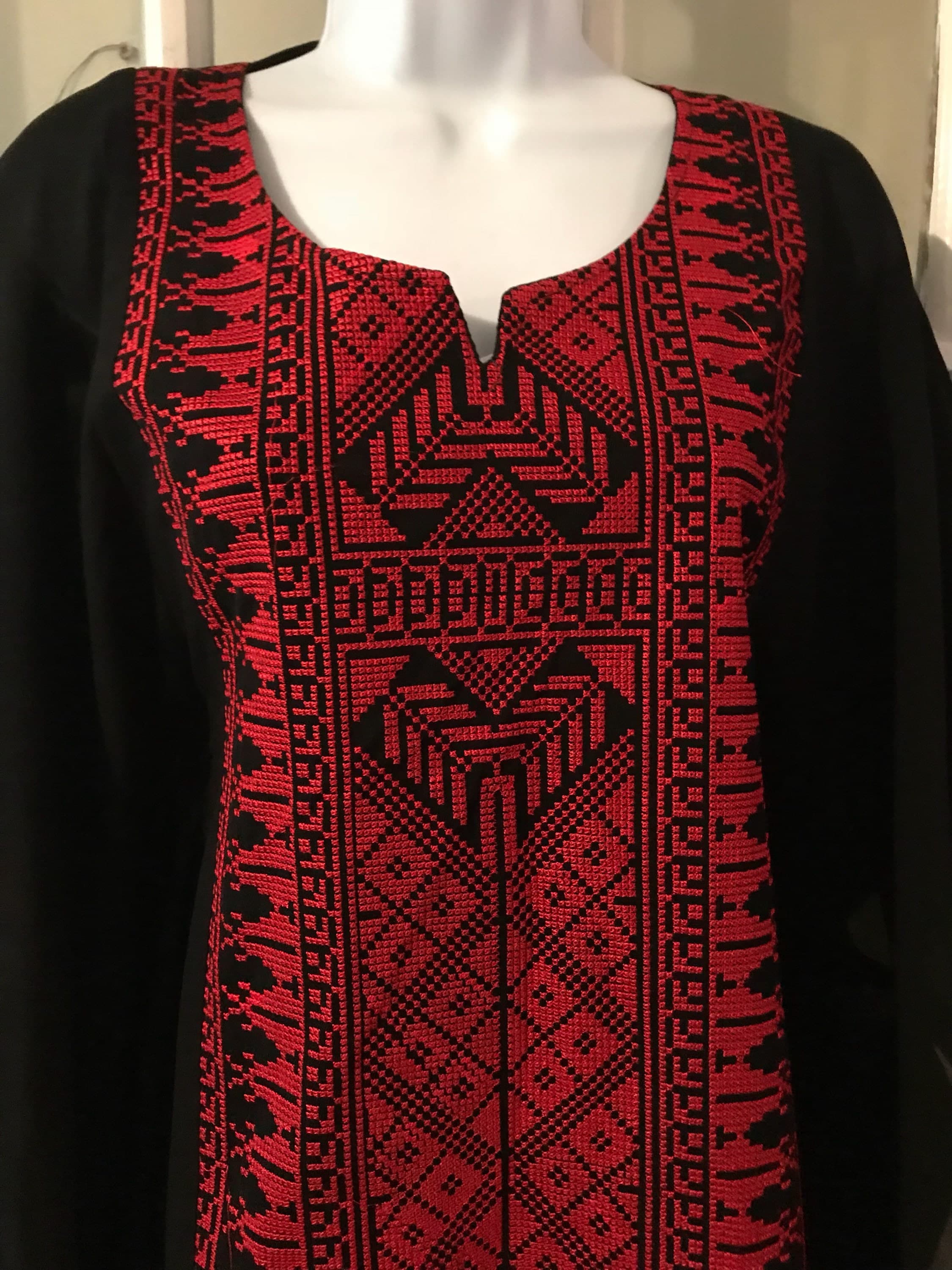 Black Long Chiffon Tunic / Top / Abaya /with Red Traditional Palestinian Embroidery