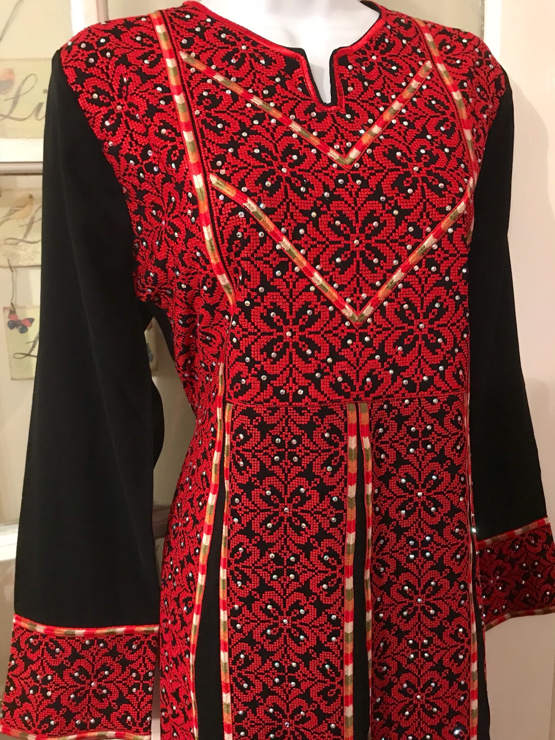 Black Dress /Thobe /Abayah / Kaftan with beautiful red & colourful Palestinian Embroidery /Cross Stitch