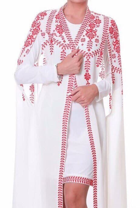 Short White / Ivory dress and cape with Red Embroidery / cross stitch - image 3