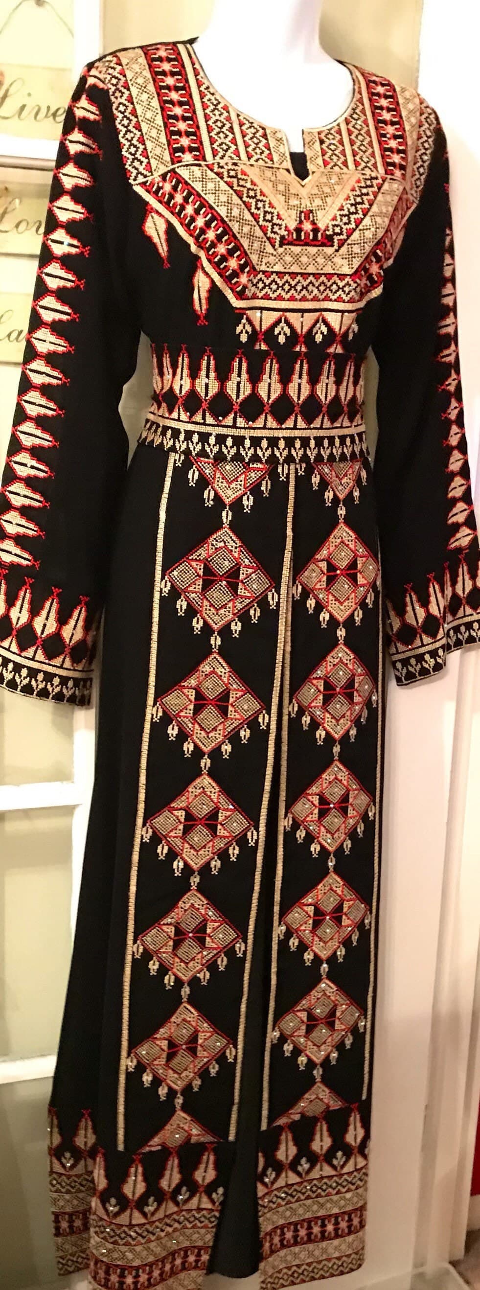 2 Piece Black Dress/ Abaya/ Kaftan/ Thobe and matching belt with beautiful gold and red embroidery - image 4