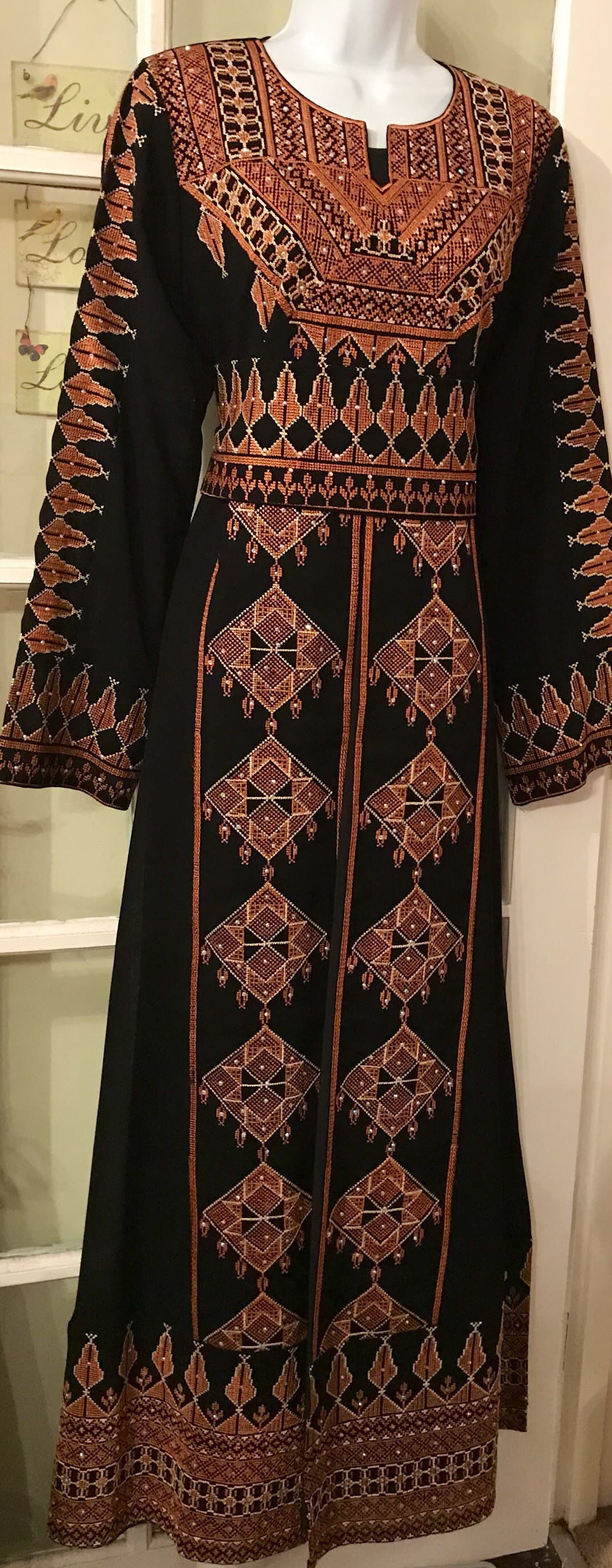 2 Piece Black Dress/ Abaya/ Kaftan/ Thobe and matching belt with beautiful light brown / pink brown embroidery - image 5