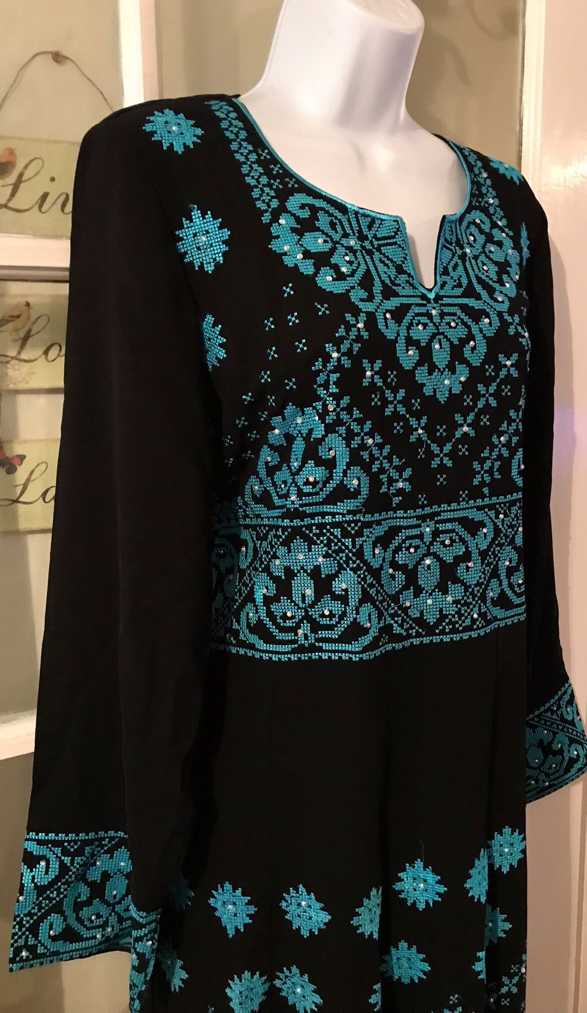 Black Dress / kaftan / Tobe / Thobe with beautiful Turquoise Palestinian Cross Stitch / Embroidery - image 3