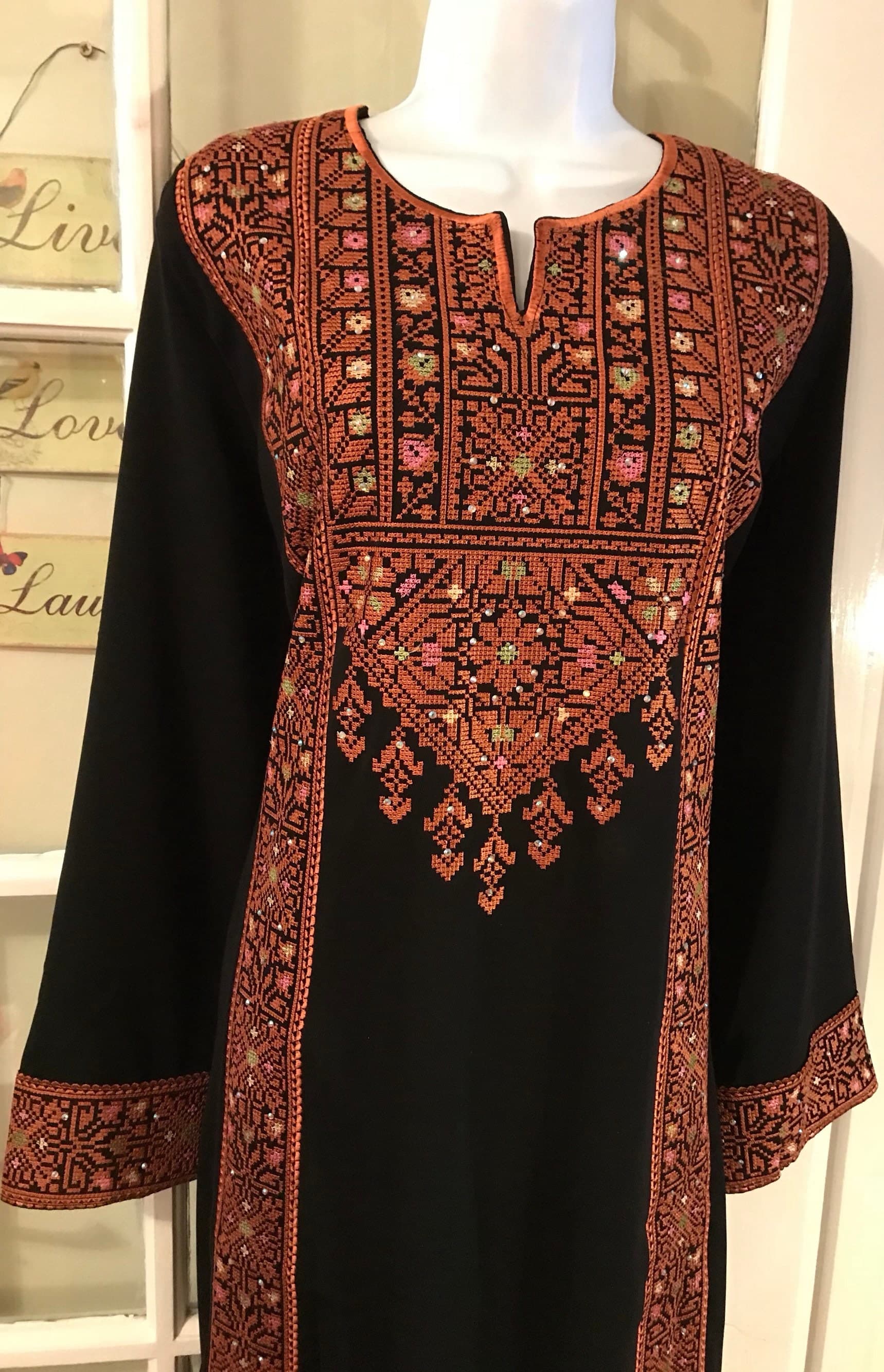 Black dress / Tobe / Thobe / Kaftan with Brown and colourful Palestinian embroidery - image 5