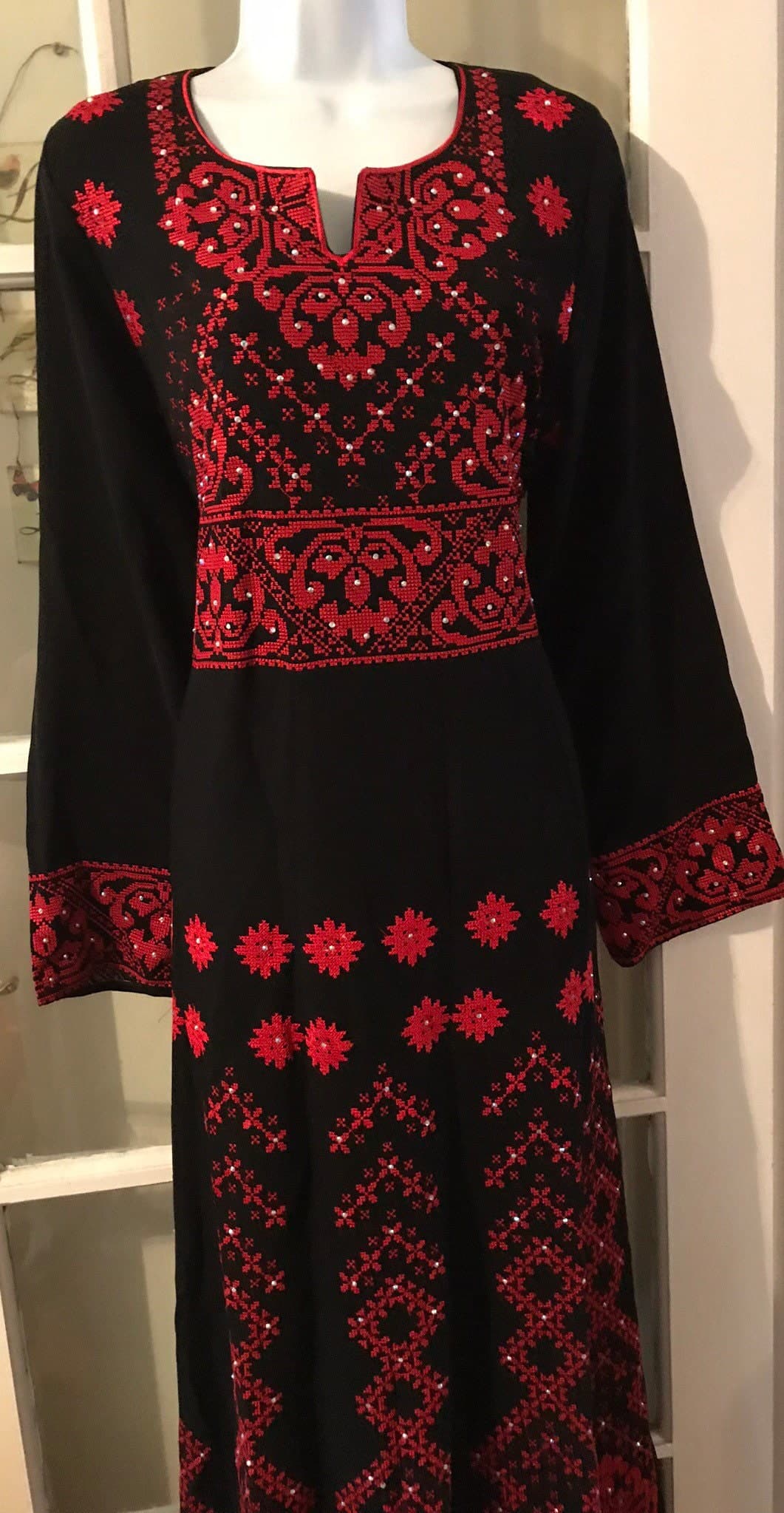 Black Dress / kaftan / Tobe / Thobe with beautiful Red Palestinian Cross Stitch / Embroidery - image 3