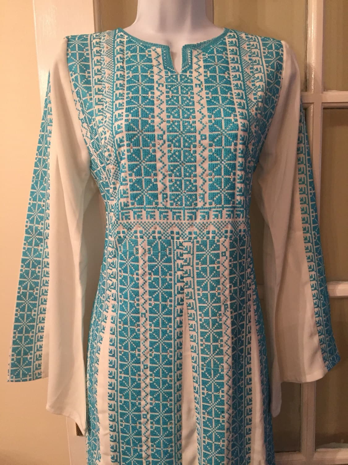 Stunning white dress / thobe / Abbaya / Kaftan with light blue plaestinian embroidery - image 5