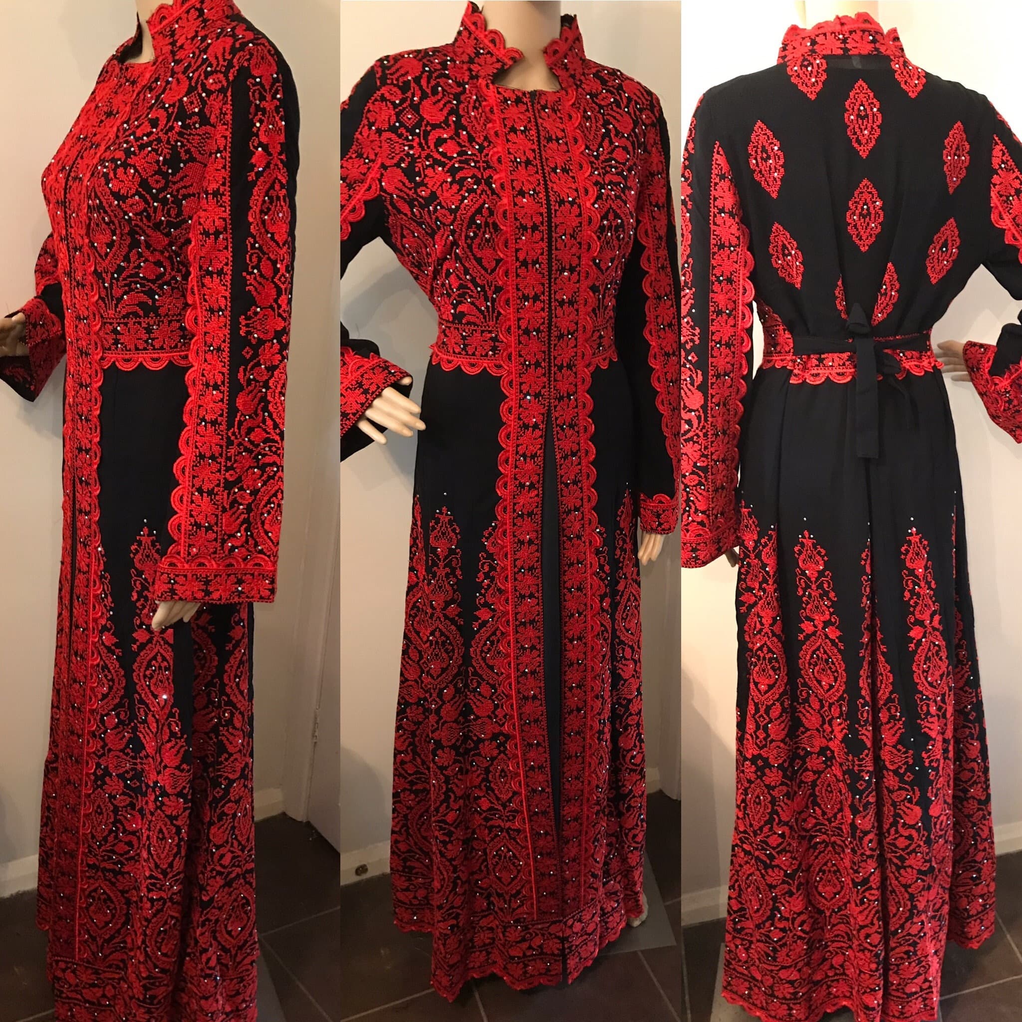 2 Piece Black Dress/ Abaya/ Kaftan/ Thobe and matching belt with beautiful colourful and red embroidery