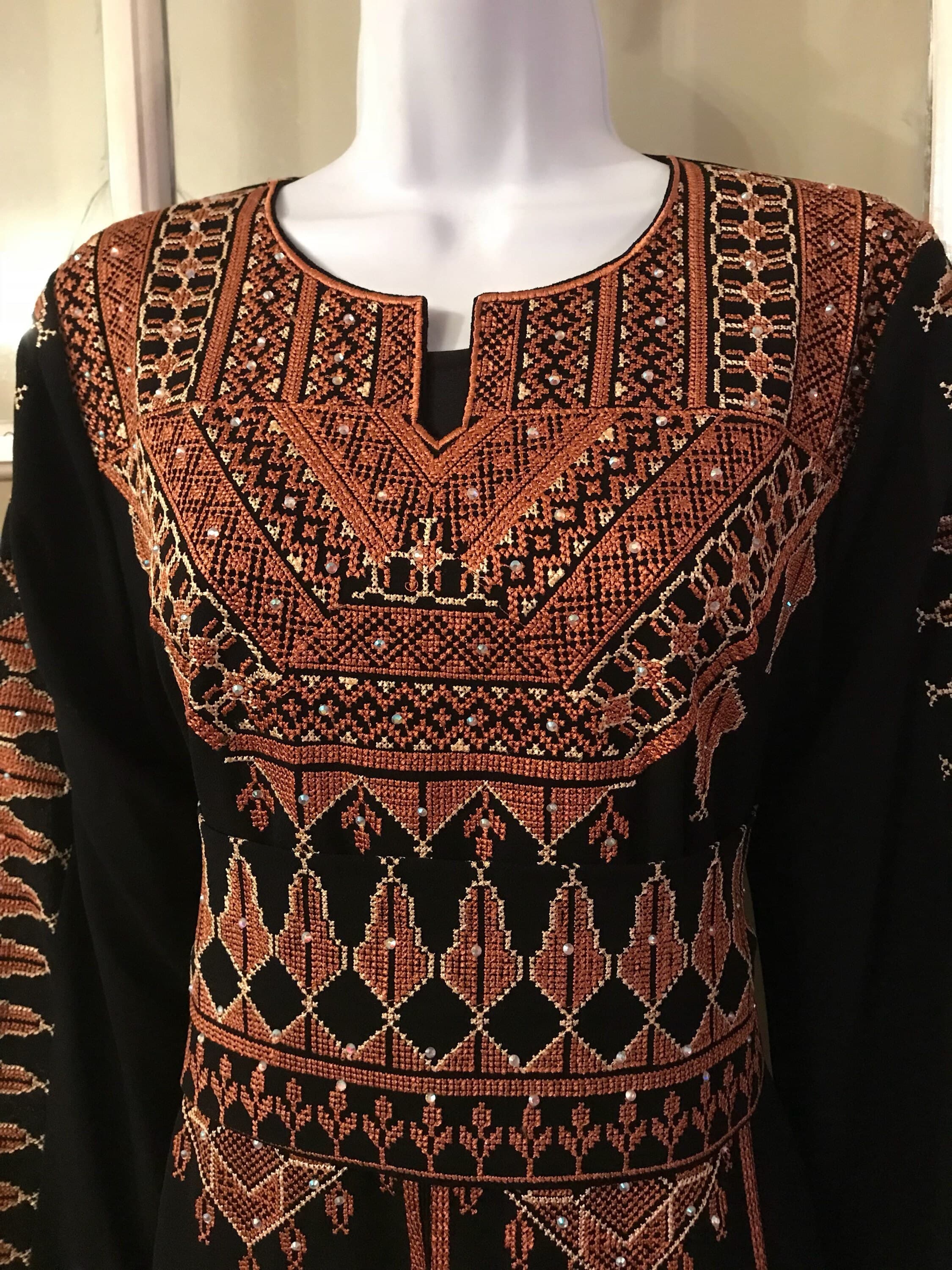2 Piece Black Dress/ Abaya/ Kaftan/ Thobe and matching belt with beautiful light brown / pink  brown embroidery