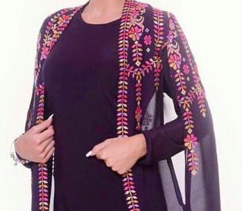 Short purple dress and cape with colourful Embroidery / cross stitch