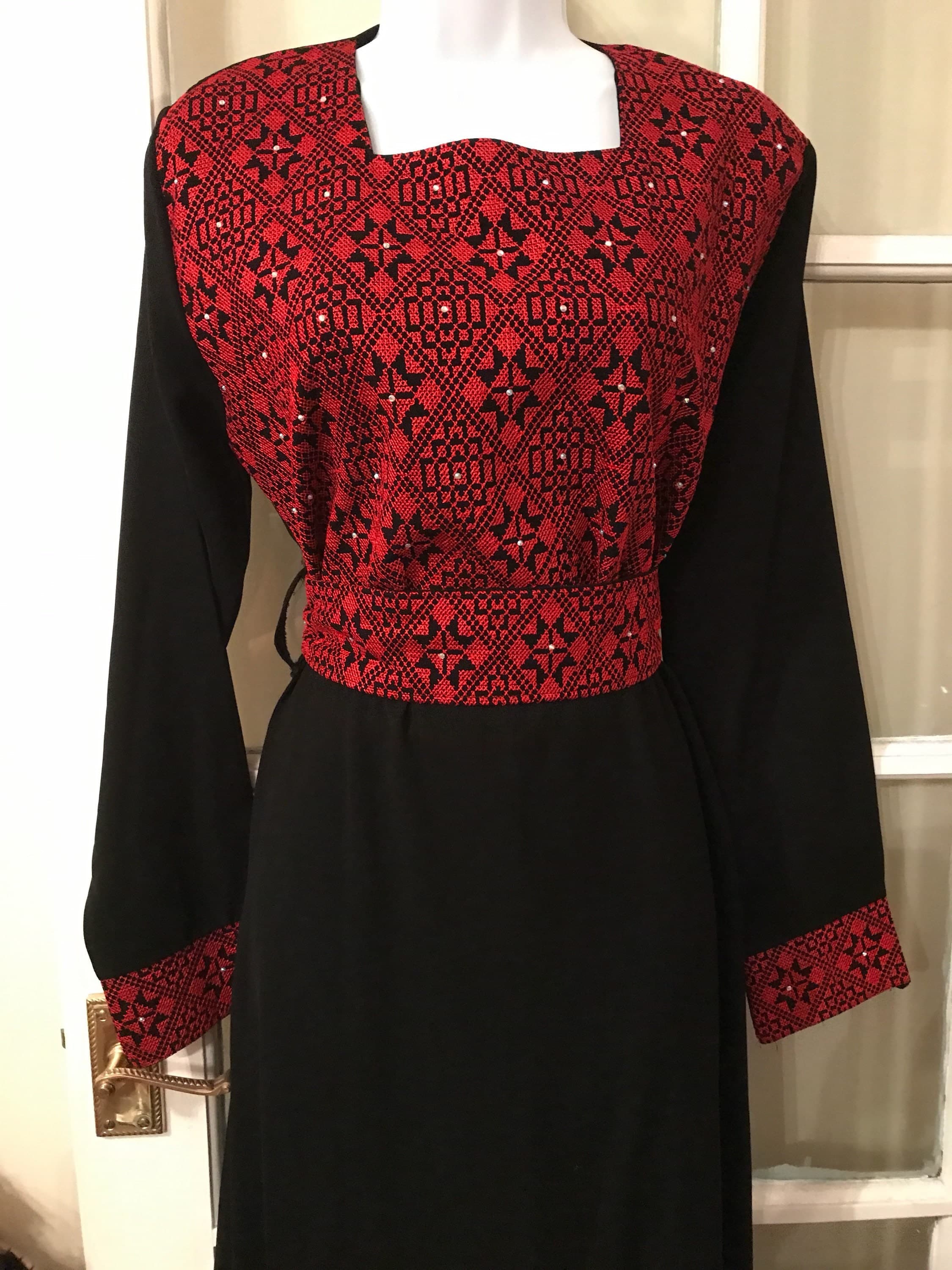 Beautiful black dress / abbaya / kaftan / thobe with red Palestinian embroidery / cross stitch