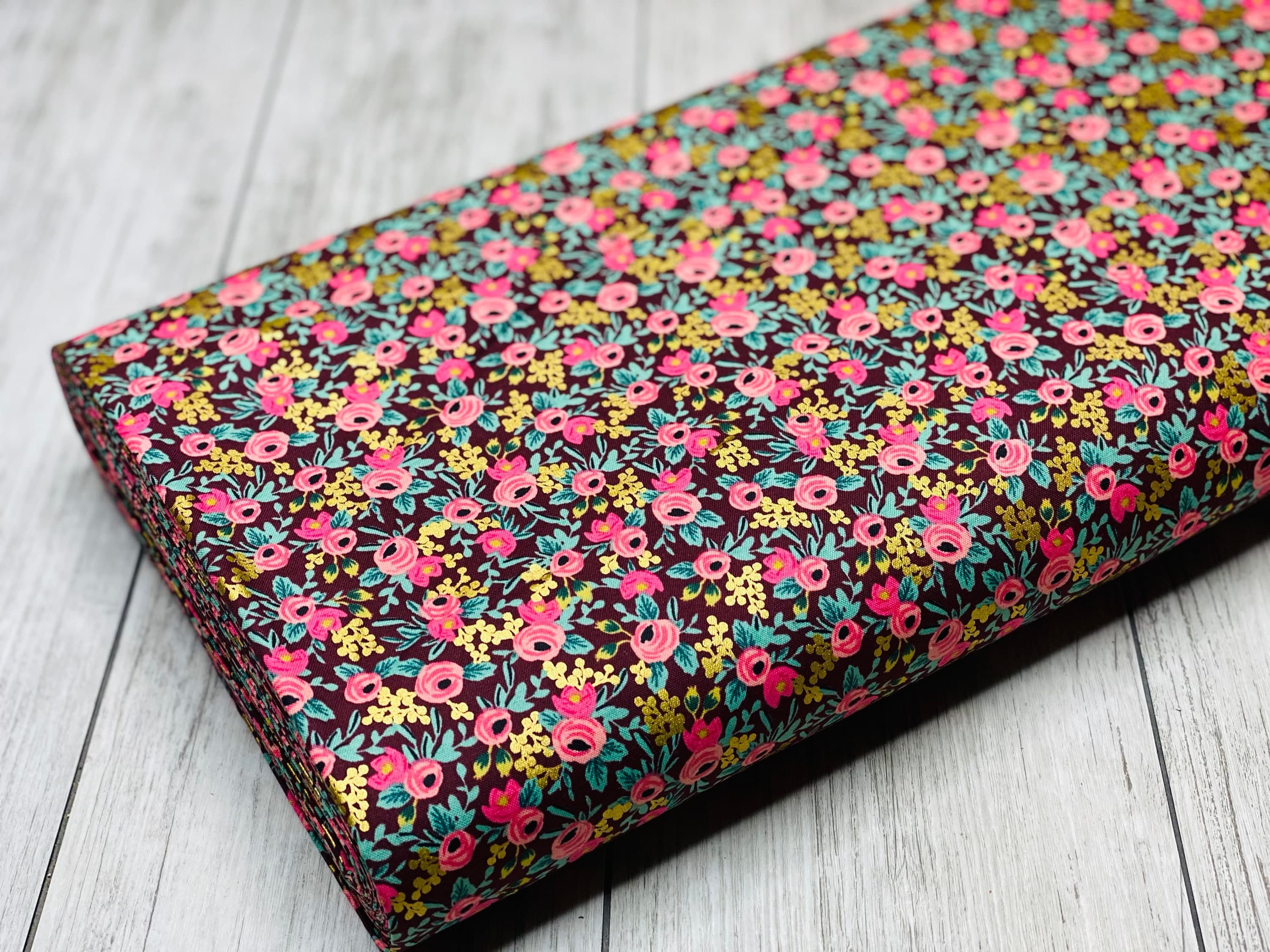 Garden Party- Rosa - Burgundy Metallic Fabric- RP305-BU5M- Cotton-Rifle Paper Co-Cotton and Steel/RJR- Sold by the 1/2 yard or the yard