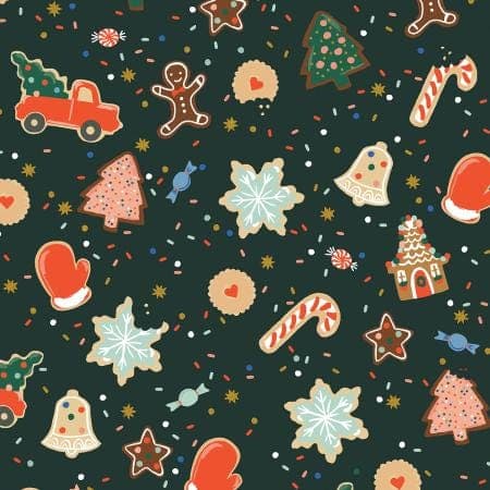 Holiday Classics III, RP617-EV1M, Christmas Cookies, in Evergreen Metallic, Rifle Paper Co, Cotton + Steel, Sold by the 1/2 yard or the yard