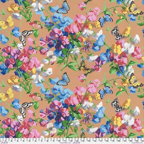 SweetPea & Butterflies, Multi, Cottage Garden, by Snow Leopard Designs, Kaffe Fassett,  FreeSpirit Fabrics, sold by the 1/2 yard or the yard