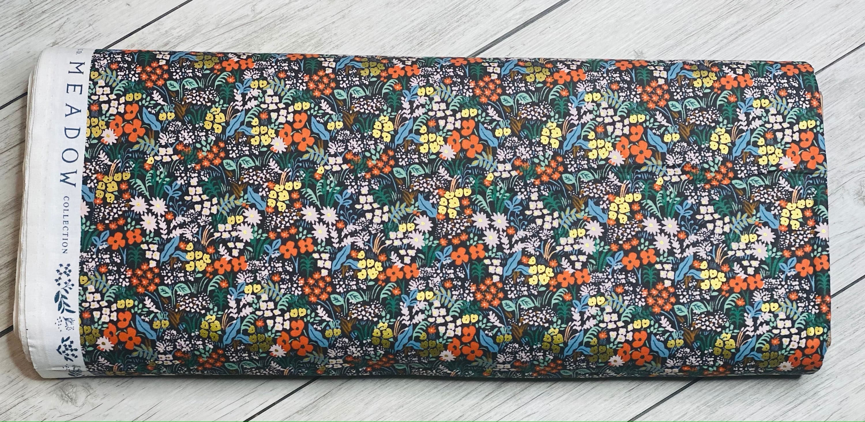 Bon Voyage, Meadow, Black Multi Metallic Fabric, RP204-BM7M, By Rifle Paper Co, for Cotton + Steel, Sold by the 1/2 yard or the yard