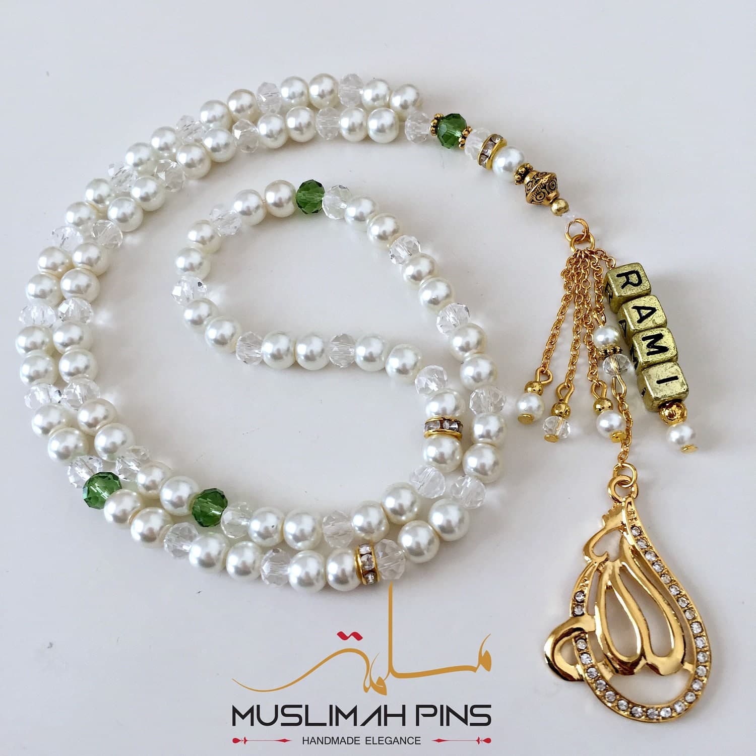 Ivory pearl & crystal glass tasbih (99 beads) with personalised name.