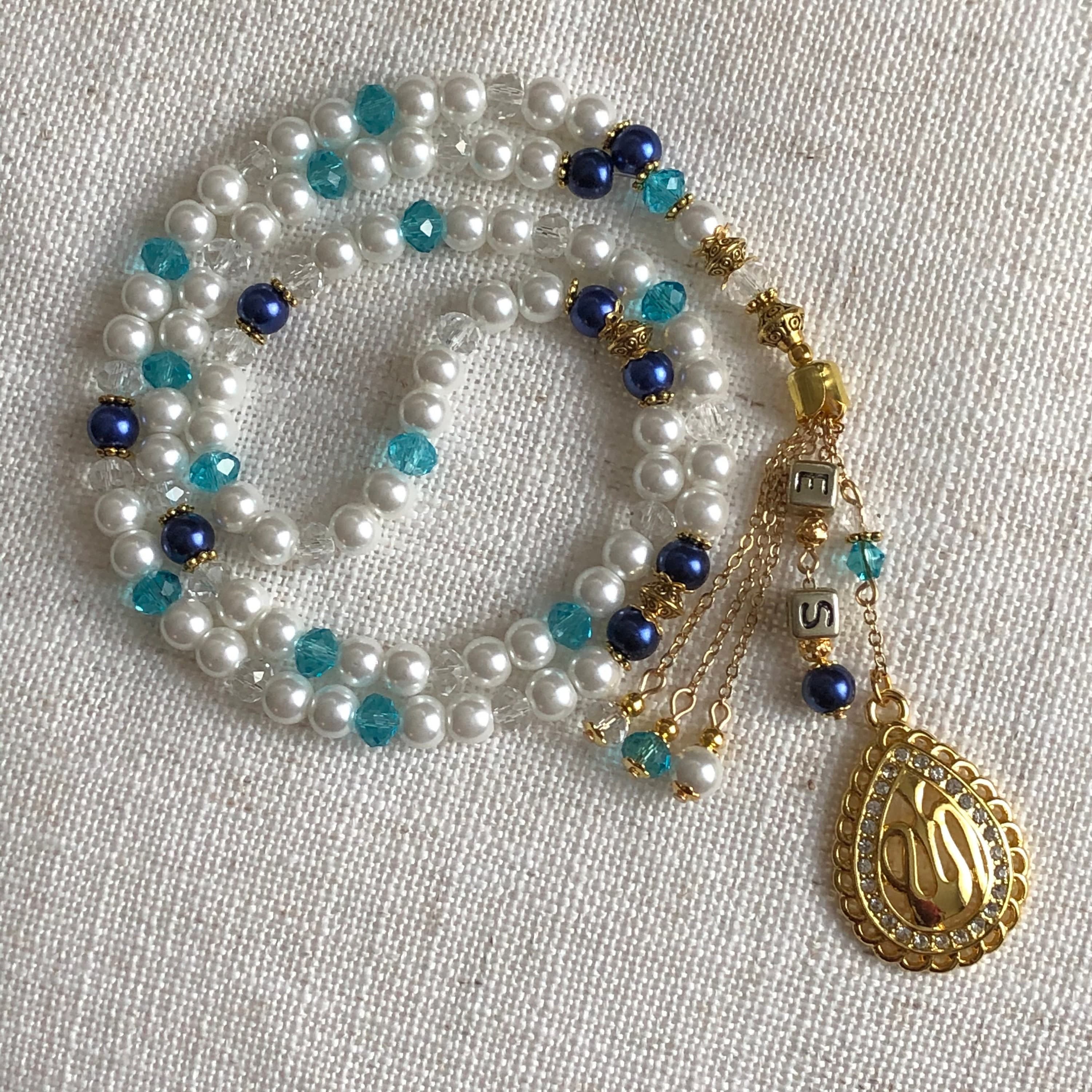 personalised glass pearl & crystal tasbih, tesbih, prayer beads, misbaha.