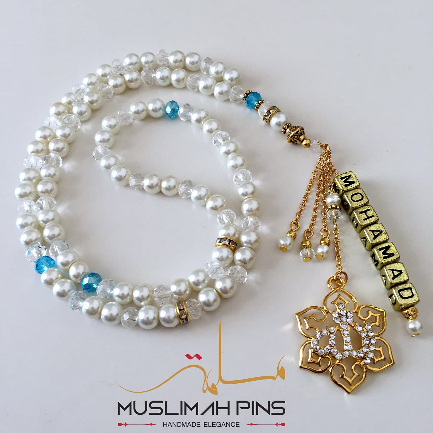 Ivory pearl & crystal glass tasbih (99 beads) with personalised name. - image 3