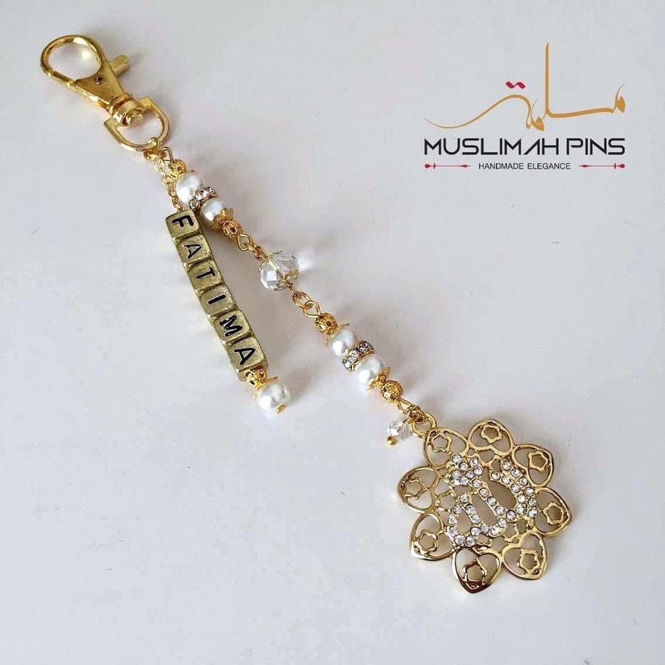 Personalised keychains with glass crystal beads, glass pearls & gold plated Allah pendant. - image 3