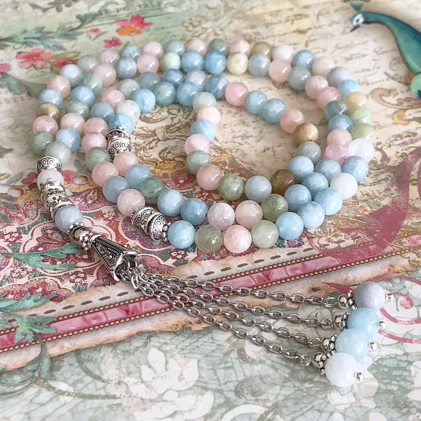 Natural Morganite gemstone tasbih, prayer beads.
