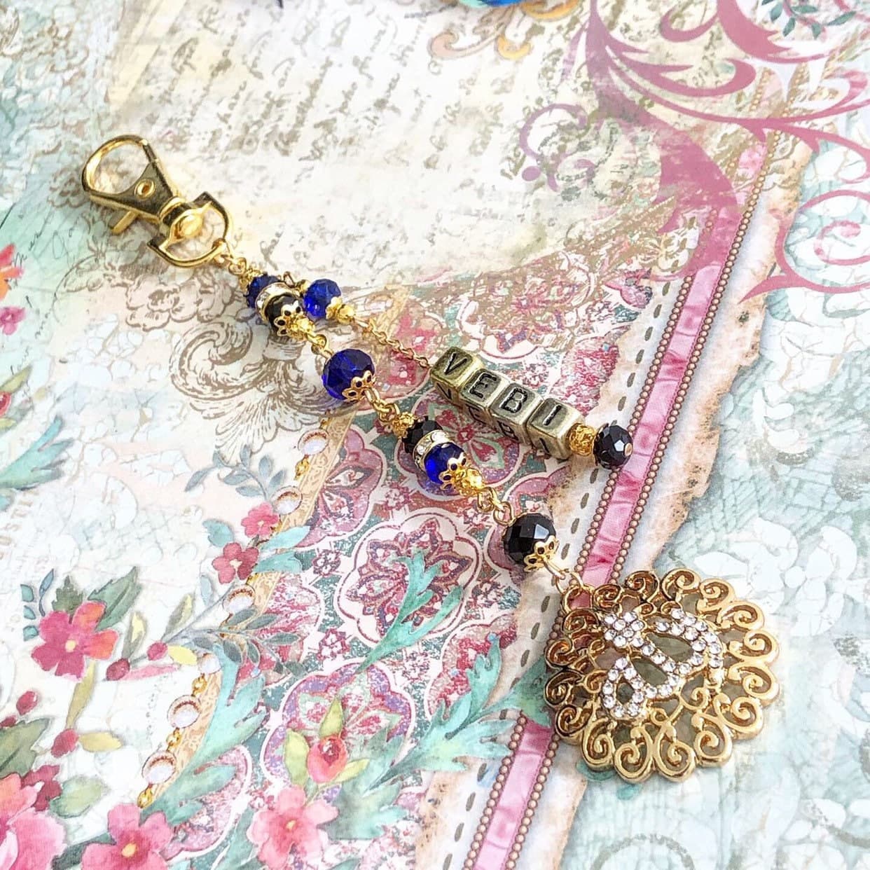 Personalised keychains with glass crystal beads, glass pearls & gold plated Allah pendant. - image 5