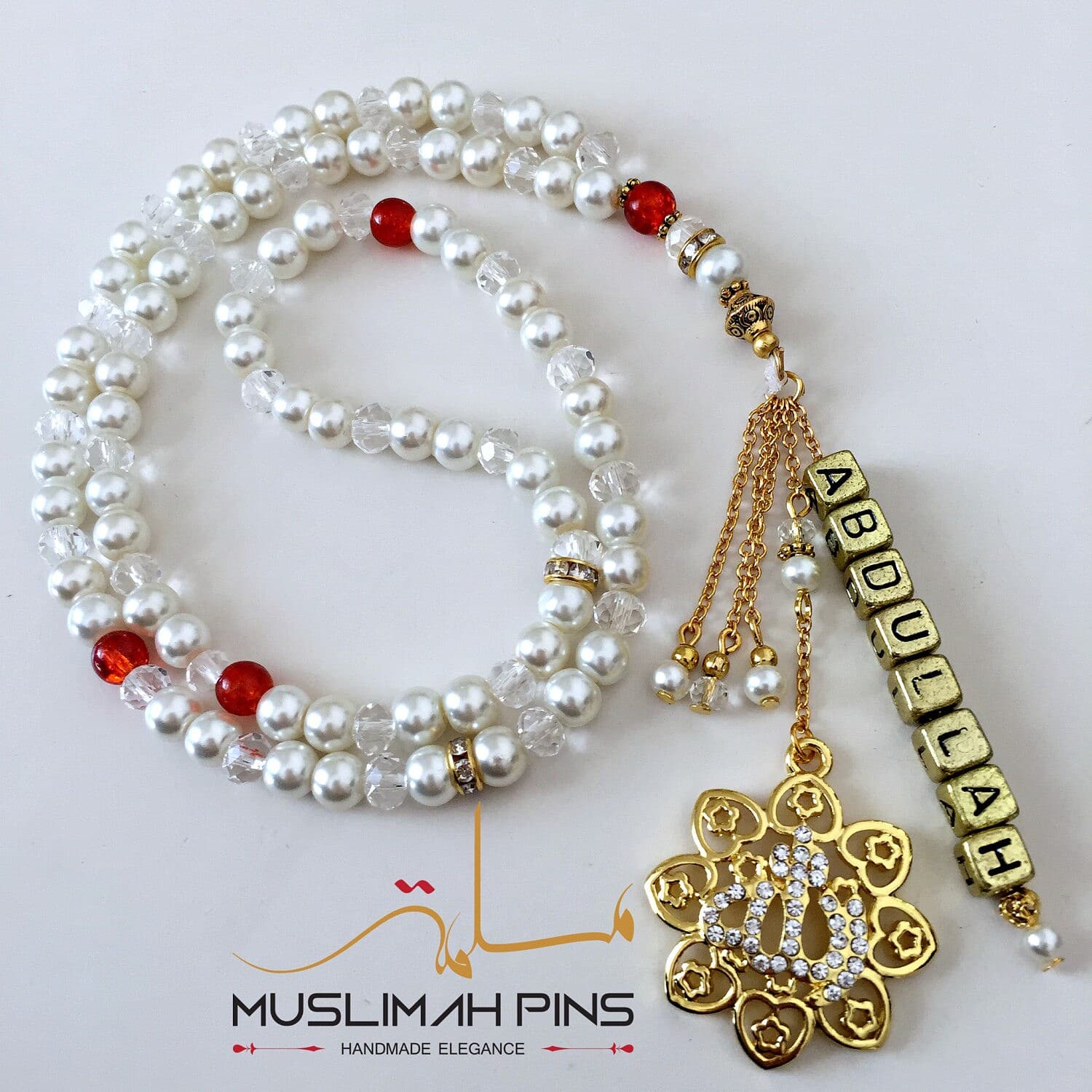 Ivory pearl & crystal glass tasbih (99 beads) with personalised name. - image 4