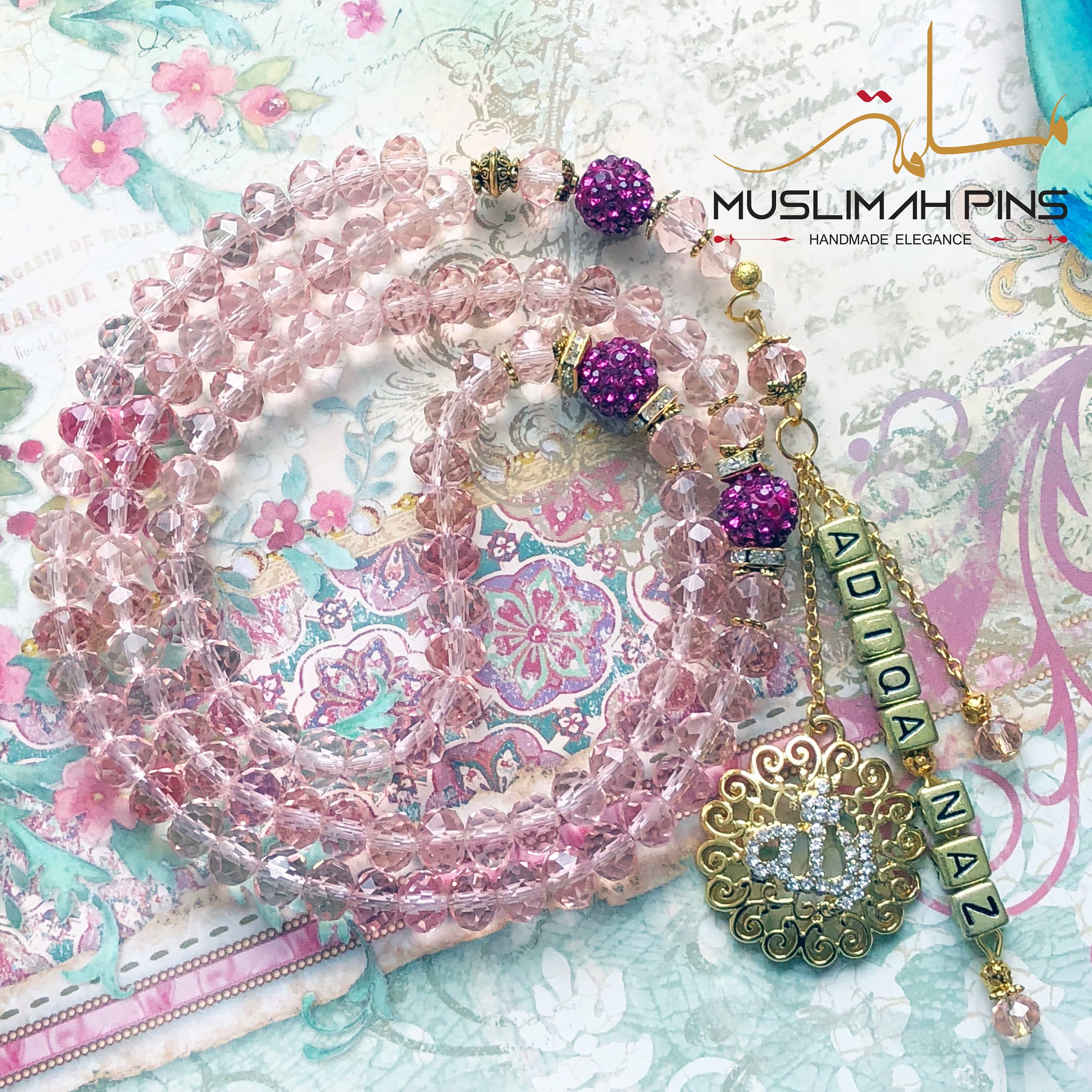 Black, clear or pink crystal personalised tasbihs, prayer beads.