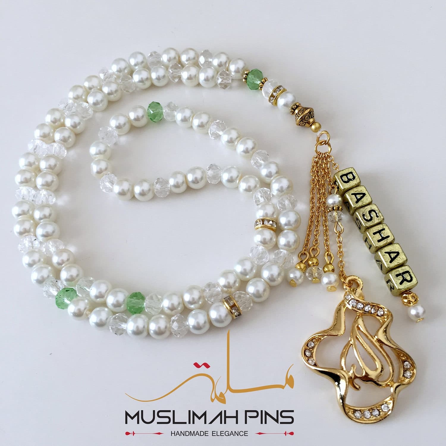 Ivory pearl & crystal glass tasbih (99 beads) with personalised name. - image 5