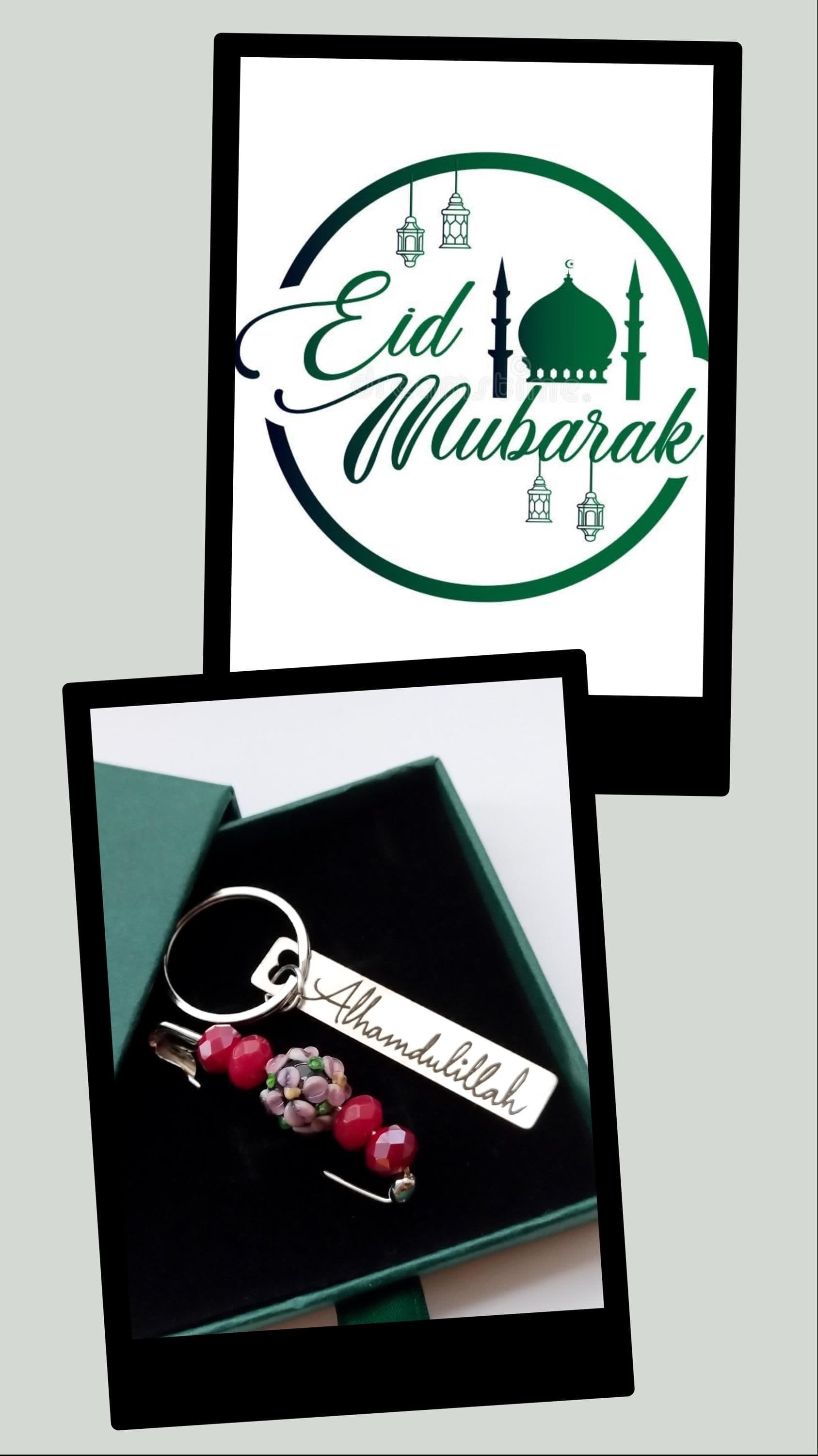 Muslimah Gift - Eid Gift - Ramadan Gift - Alhamdulillah Key Ring & Lampwork Safety Pin Brooch/Scarf/Hijab Pin in Gift Box - Eid Mubarak