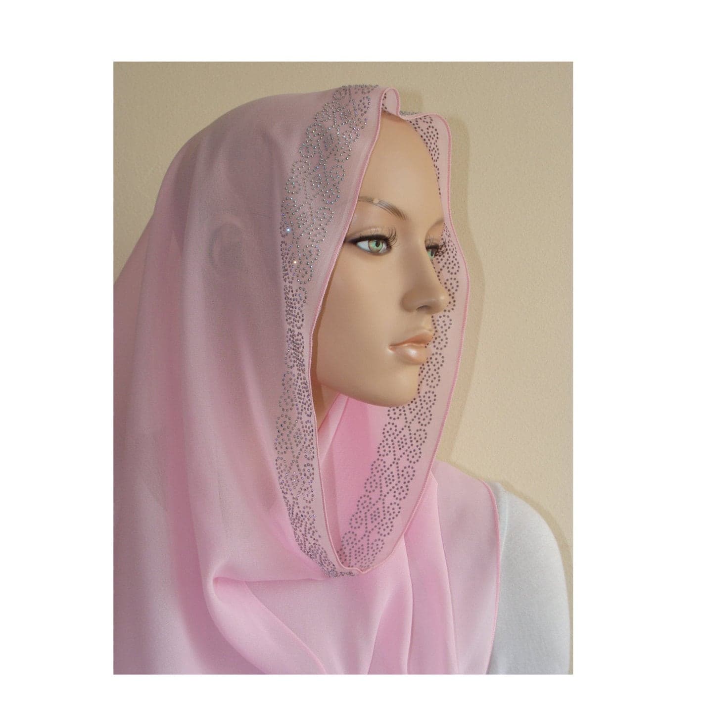 Pink Chiffon Infinity Scarf, Crystals and Stones, Modern Hijab