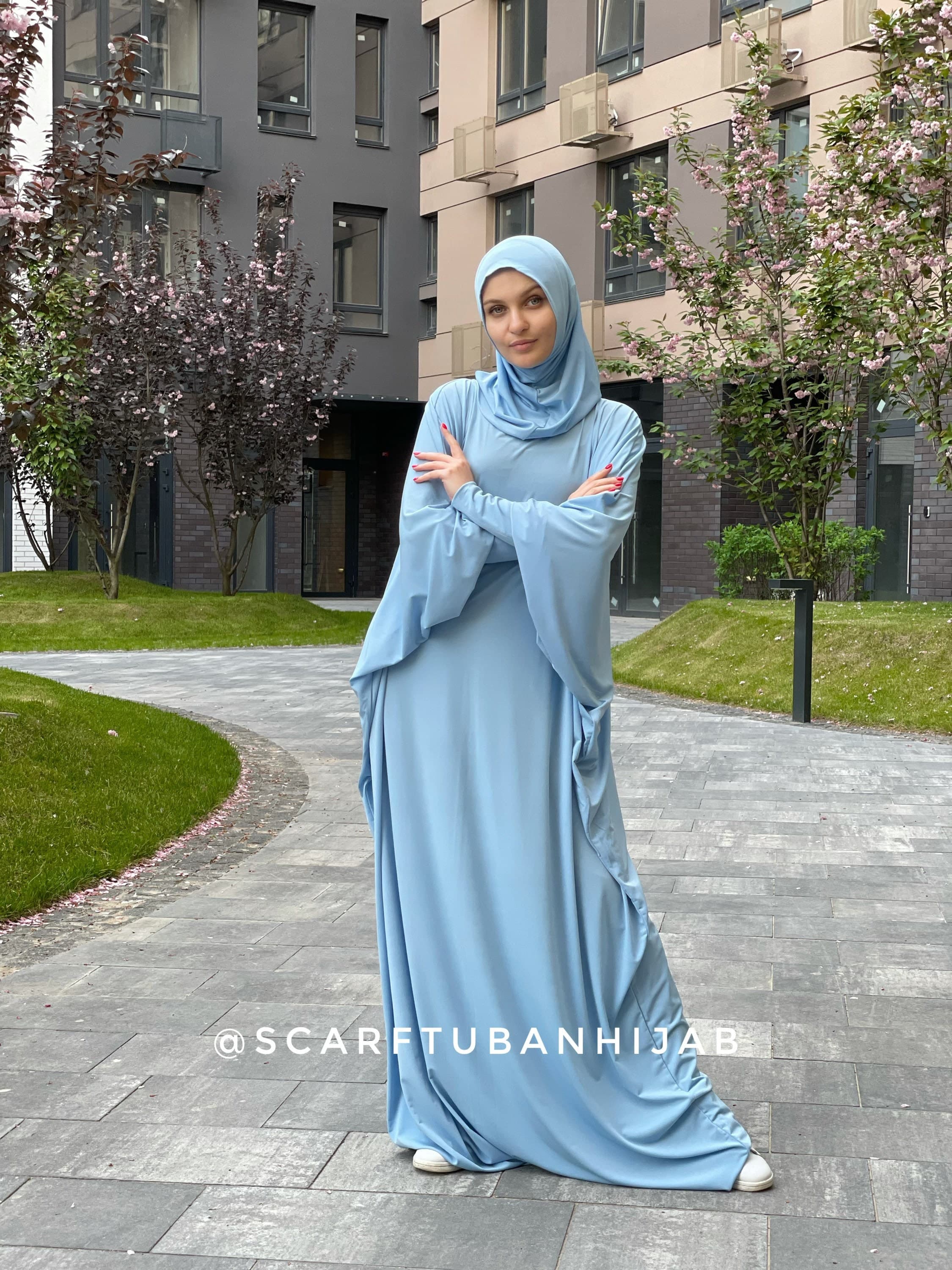 Sky Blue Prayer Dress, Attached Hijab, Farasha Caftan Abaya - image 3