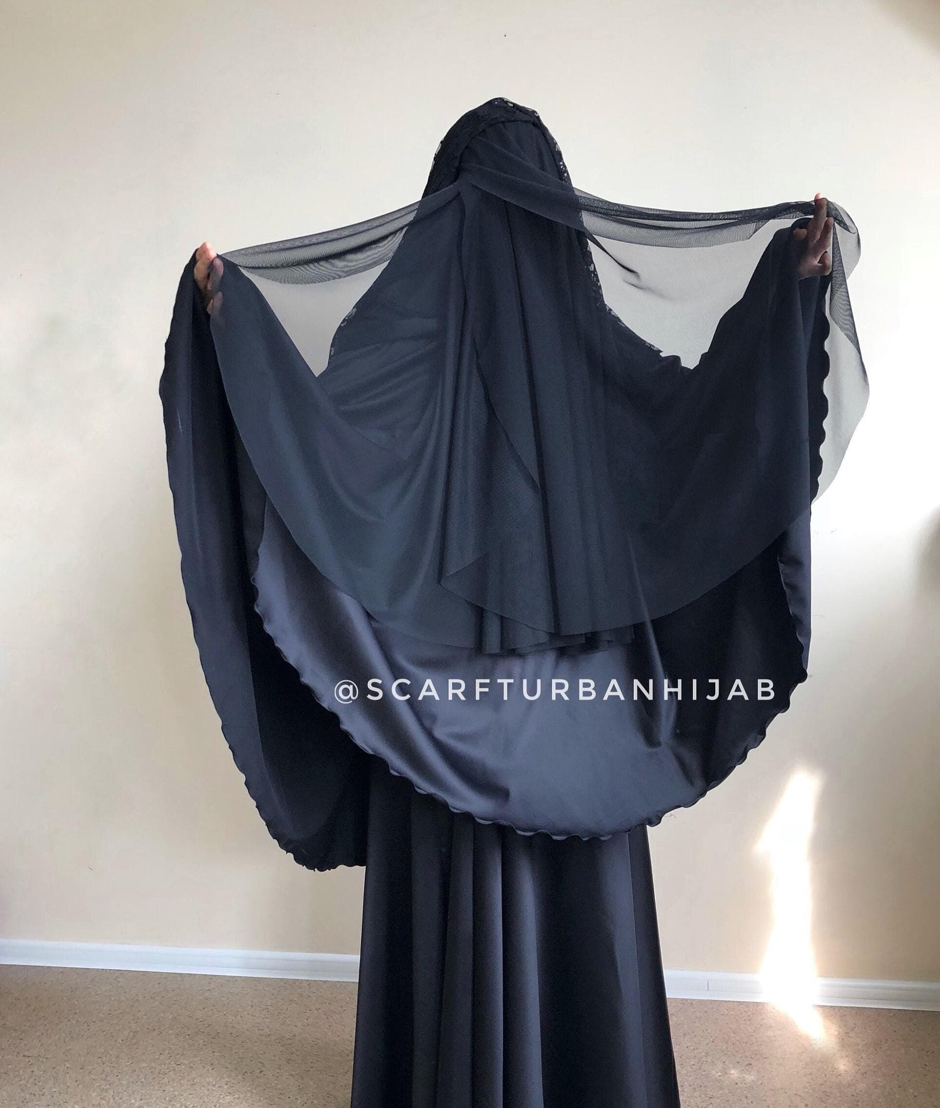 Elegant Silk Satin Muslim Suit, 4-Layer Veil Khimar