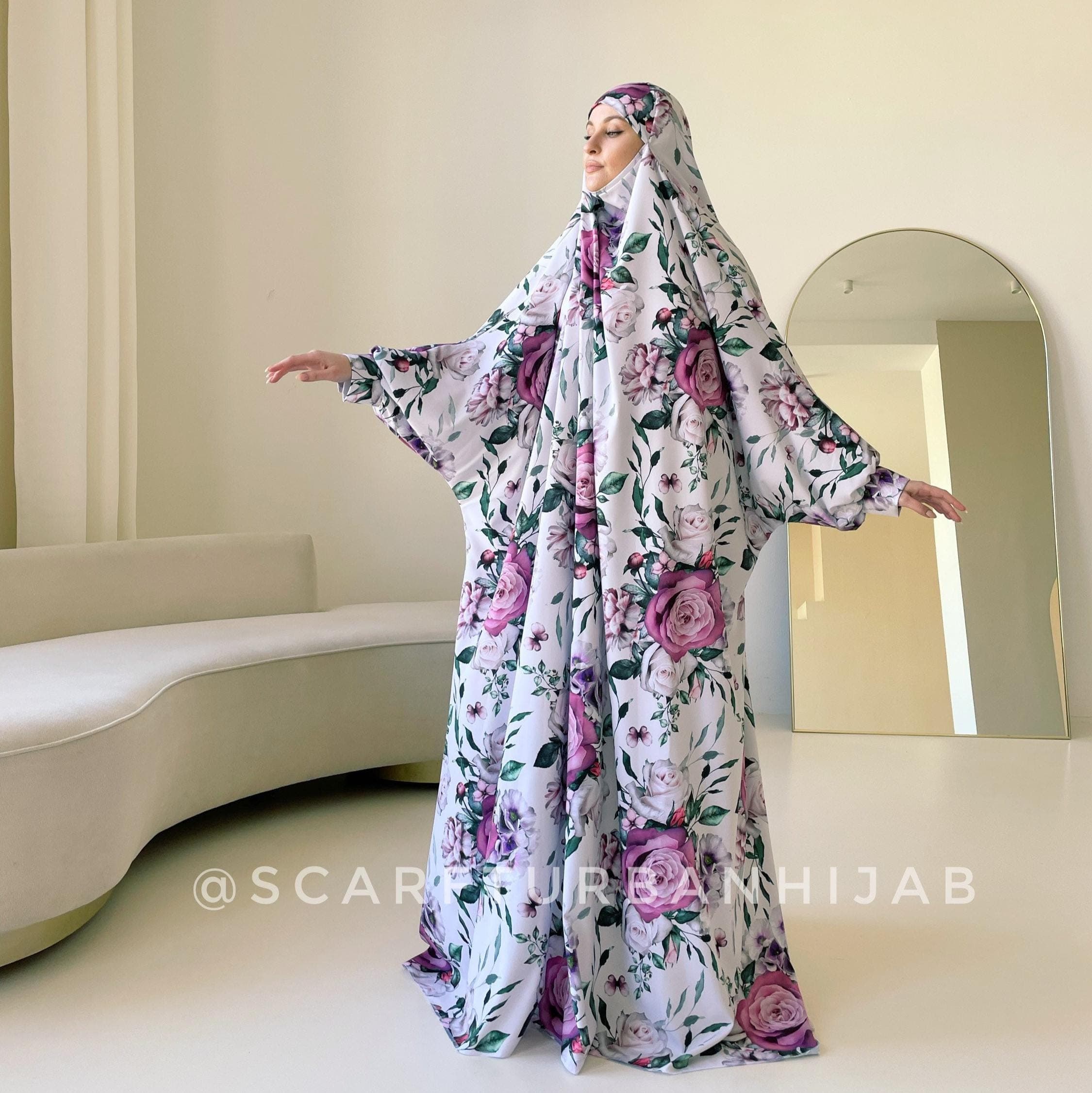 Elegant long khimar with pink floral print, Muslim jilbab
